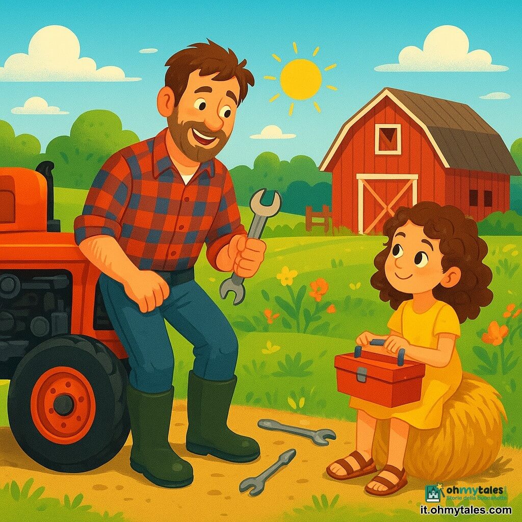 Un agricoltore, un uomo di circa quarant'anni con i capelli castani leggermente arruffati e una barba ben curata, sorride con orgoglio tenendo una chiave inglese in mano. Indossa una camicia a quadri rossa e blu, jeans consumati e stivali di gomma, e il suo volto esprime determinazione e gioia. Accanto a lui, una bambina di circa 8 anni, con capelli ricci e occhi brillanti, osserva curiosa tenendo una piccola cassetta degli attrezzi. Indossa un vestito giallo e sandali, seduta su un ballone di fieno, pronta ad imparare. Il contesto è una fattoria pittoresca con un grande fienile rosso circondato da campi verdi e fiori colorati. Il cielo è blu, punteggiato di nuvole bianche e soffici, e il sole splende, illuminando la scena con una luce calda. La situazione principale mostra l'agricoltore mentre ripara un vecchio trattore, mentre la bambina lo osserva attentamente, impaziente di apprendere i segreti della meccanica. Gli attrezzi sono sparsi intorno a loro, e l'atmosfera è gioiosa e piena di energia, simboleggiando il legame tra natura, lavoro e apprendimento.