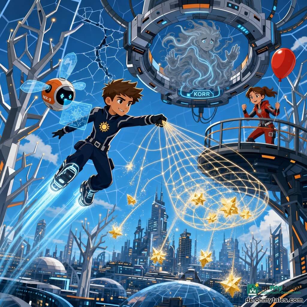 Ein konzentrierter, lächelnder Mann namens Jaro springt dynamisch zwischen Dächern, trägt einen nachtblauen Anzug mit silbernen Linien und kleinem Sonnensymbol auf der Brust sowie leuchtende Stiefel, die Lichtspuren ziehen; neben ihm auf Schulterhöhe fliegt die orange-weiße, kugelförmige Drohne Nix-9 mit vibrierenden, durchsichtigen Flügeln und zeigt ein blassblaues technisches Hologramm; ein etwa 12-jähriges Mädchen, Mina, mit braunem Pferdeschwanz und mutiger, neugieriger Miene schwebt leicht am Geländer eines futuristischen Gravitationsparks und hält einen roten Ballon, während eine grausilbrige Nebelkugel namens Korr mit blauen Lichtfäden über einem metallischen Ring-Donut schwebt und beruhigt stabilisiert wird; Jaro wirft ein Netz aus Lichtfäden, um kleine, funkelnde Sternsplitter aufzufangen, während der leuchtende Ringkorpus den Donut-Maschine stabilisiert und Mina mit Nix-9 zuschauen; klare, kontrastreiche Palette, klare Formen und eine heroisch-beruhigende Atmosphäre.