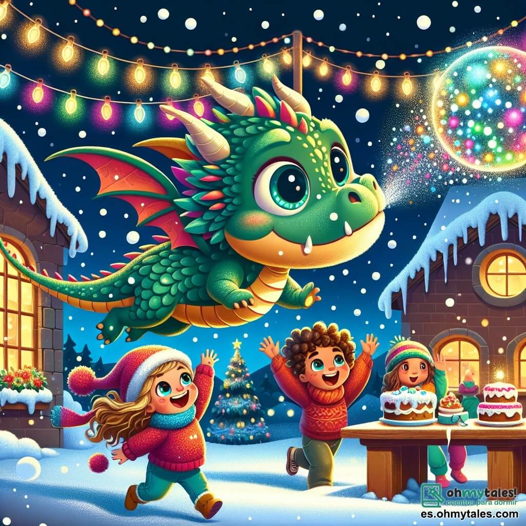 Ilustración que representa a un pequeño dragón con escamas verdes y brillantes, grandes ojos curiosos y una sonrisa alegre. Está volando felizmente sobre un grupo de niños, lanzando burbujas de colores brillantes que iluminan el aire a su alrededor. Un niño de cabello rizado y gran sonrisa, vistiendo un suéter rojo, corre hacia adelante con los brazos abiertos, maravillado por las burbujas. Una niña de ojos brillantes, con una bufanda colorida, levanta los brazos riendo, cautivada por la magia del momento. El lugar principal es un cálido orfanato decorado con guirnaldas luminosas y copos de nieve, con ventanas iluminadas que revelan un ambiente festivo. Afuera, la nieve cae suavemente, cubriendo el suelo con una suave capa blanca. La escena muestra al pequeño dragón y a los niños celebrando juntos la magia de la Navidad, llenos de alegría y emoción, creando recuerdos inolvidables. Elementos gráficos adicionales incluyen pasteles navideños coloridos sobre una mesa, tarjetas de felicitación pintadas a mano y estrellas brillantes en el cielo nocturno, añadiendo una atmósfera festiva y cálida a la escena.