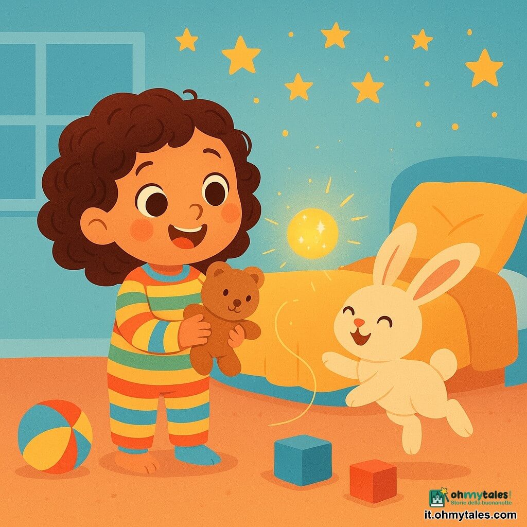 Una bambina di 2 anni, con capelli ricci e occhi scintillanti di gioia, indossa un pigiama a righe colorate. Sorride con meraviglia, tenendo un piccolo orsetto di peluche tra le braccia. Accanto a lei, un adorabile coniglietto di peluche, con grandi orecchie e pelo morbido, salta gioiosamente, aggiungendo un tocco di magia alla scena. La camera è calda e accogliente, con pareti dipinte di blu pastello, stelle dorate che brillano sul soffitto e un letto accogliente coperto di coperte soffici. Giocattoli colorati sono sparsi sul pavimento, creando un'atmosfera giocosa e gioiosa. La bambina e il suo orsetto di peluche si preparano a lanciare una palla scintillante che brilla come stelle, mentre il vento, rappresentato da linee morbide e fluide, sembra giocare con loro, portando una sensazione di leggerezza e felicità.