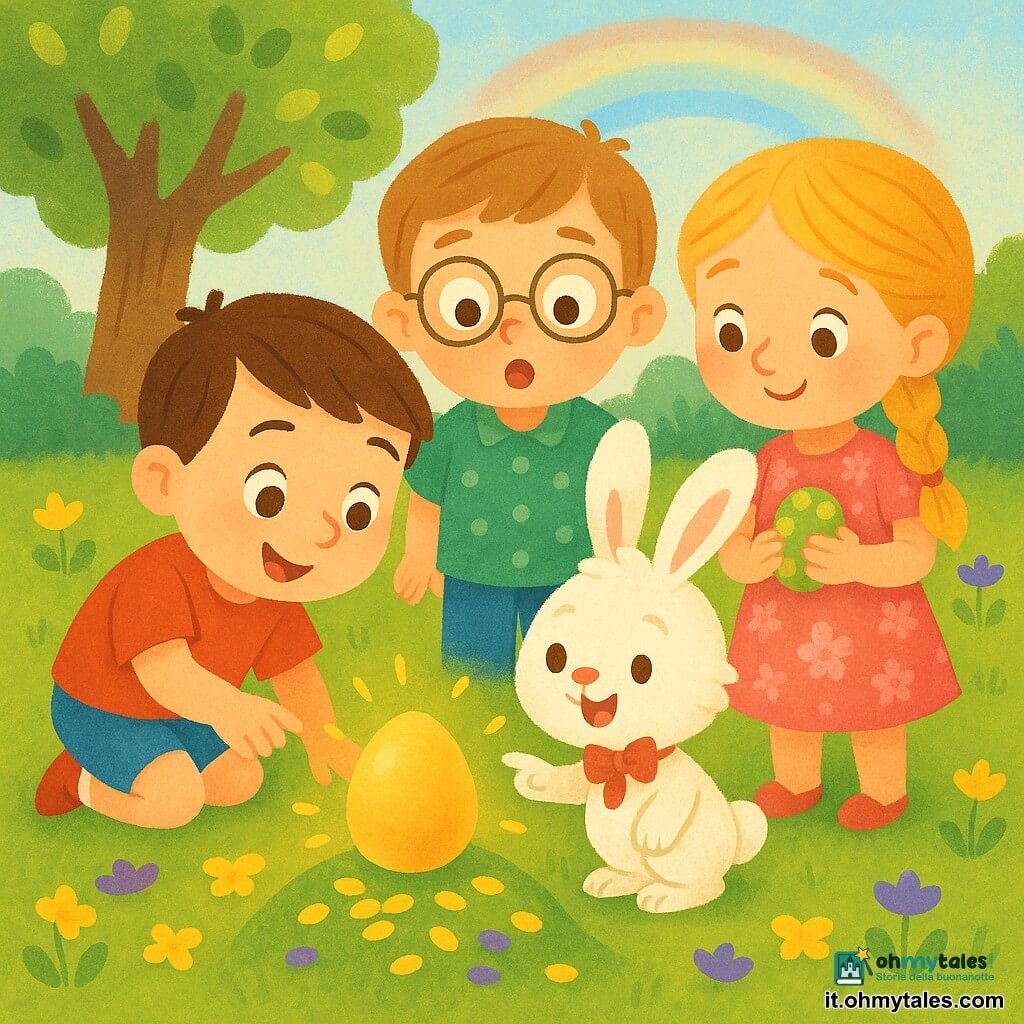 Quattro personaggi: Marco, 4 anni, capelli castani corti, sorriso curioso, maglietta rossa e pantaloncini blu, accovacciato a sinistra mentre tende la mano verso un uovo dorato brillante; Luca, 4 anni, capelli castano chiaro e occhiali tondi, camicia verde a pois bianchi, dietro a destra, stupito; Chiara, 4 anni, capelli biondi lunghi in treccia, vestito rosa a fiori, accanto a Marco, tiene delicatamente un piccolo uovo verde e giallo; un coniglietto bianco dal pelo soffice con fiocco rosso al collo, appena davanti al centro, sorride e indica l'uovo dorato con la zampa. Ambientazione: giardino primaverile luminoso con erba verde, petali gialli e viola, un grande albero sullo sfondo e cielo azzurro con un leggero arcobaleno; composizione centrata sull'uovo dorato su un piccolo colle, atmosfera dolce e magica.