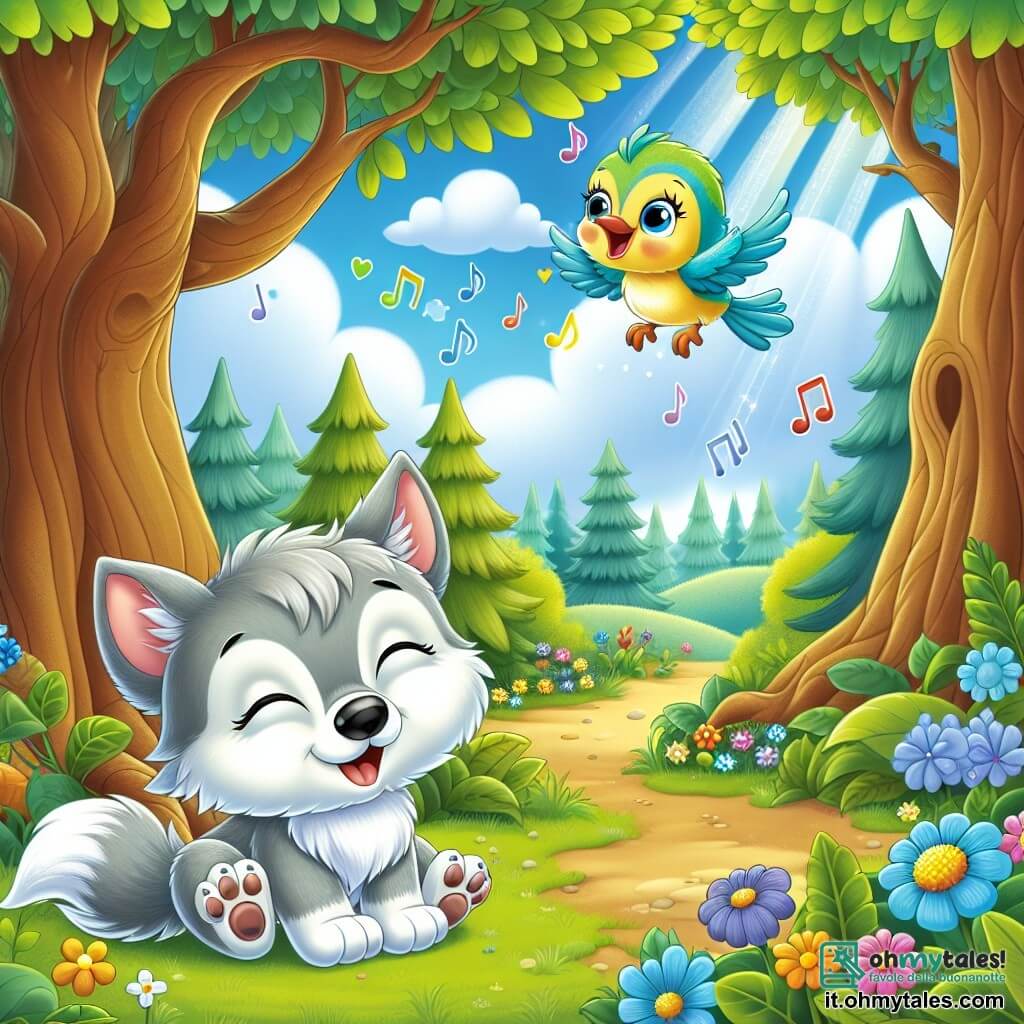 Un piccolo lupo di nome Luca, con un manto grigio chiaro e occhi brillanti come stelle, è seduto sotto un grande albero in una foresta incantata. Sorride gioiosamente, con le orecchie ritte, chiudendo gli occhi mentre immagina un mondo magico. Accanto a lui, un uccellino colorato di nome Pippo, con piume gialle e blu, vola allegramente nell'aria. Pippo ha un'espressione vivace e canta una dolce melodia, fluttuando sopra Luca, creando un'atmosfera di felicità e amicizia. Il luogo è una foresta lussureggiante, con alberi maestosi dalle foglie verdi brillanti, fiori colorati che sembrano danzare al ritmo del vento, e un cielo blu chiaro punteggiato di nuvole bianche e soffici. In questa scena, Luca e Pippo stanno scacciando una nuvola grigia di pensieri tristi cantando insieme, riempiendo l'aria di gioia e musica, mentre la luce del sole filtra tra i rami, illuminando il loro mondo magico.