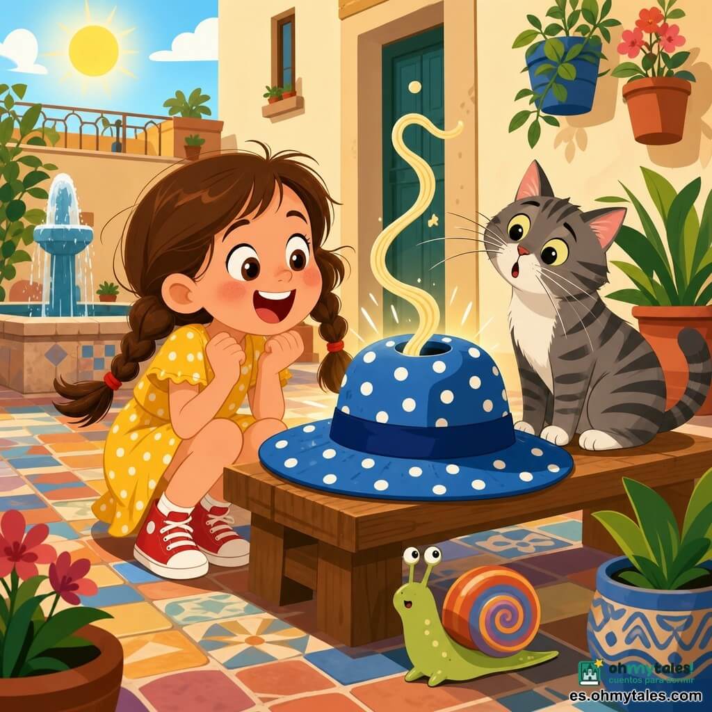 Luna, niña de 6 años, alegre y curiosa, ojos grandes, dos trenzas, vestido amarillo de lunares y zapatillas rojas, se agacha riendo frente a un gran sombrero azul con lunares blancos sobre un banco del patio; el sombrero brilla ligeramente y deja caer un largo fideo que huele a sopa. A la derecha, Don Bigotes, gato atigrado gris y blanco con bigotes largos, inclina la cabeza mirando el sombrero; delante, un caracol verde con concha en espiral de colores se desliza lentamente. Patio soleado con banco de madera, fuente cuadrada, suelo de baldosas coloridas y macetas; escena absurda y divertida.