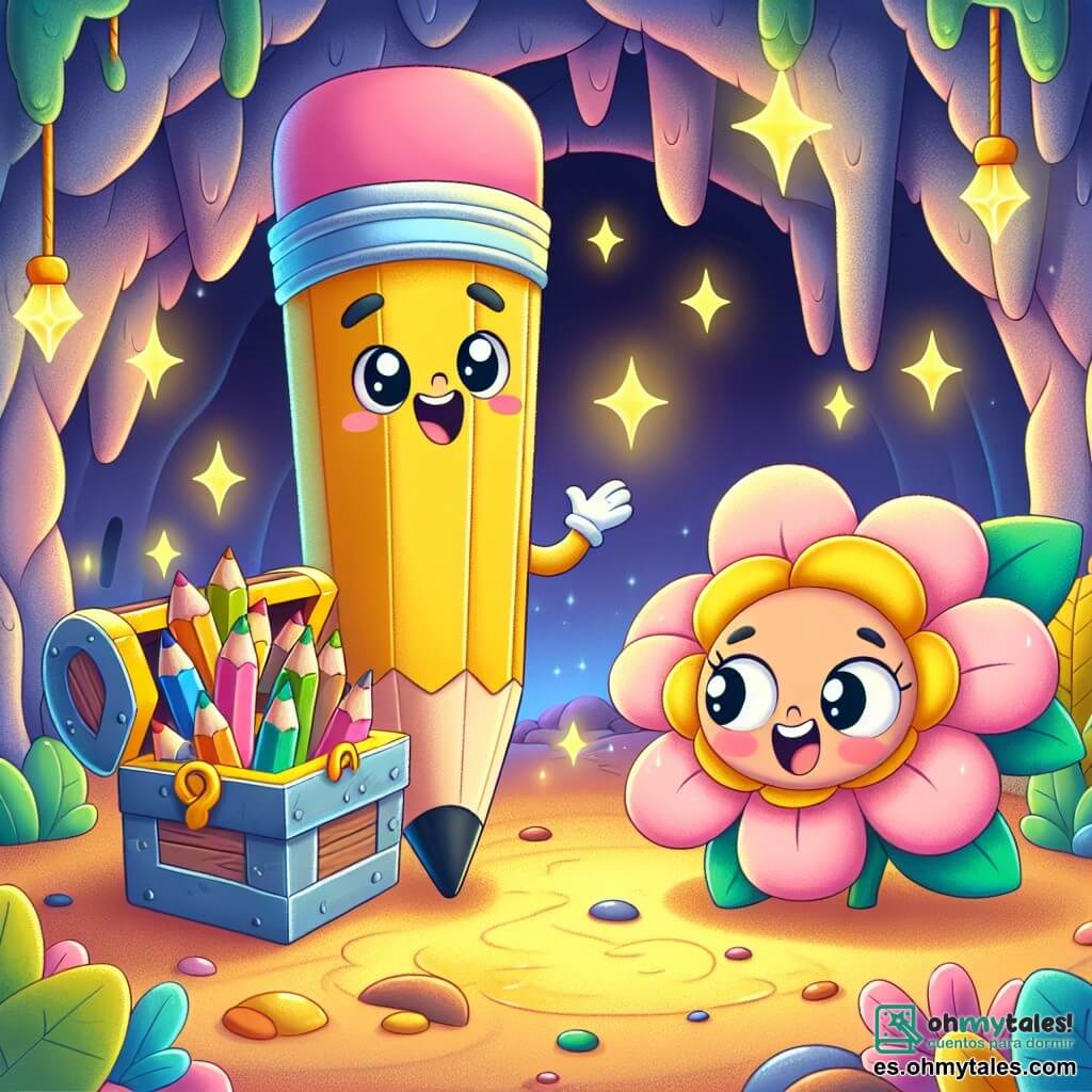 En el centro de la imagen, un pequeño y valiente lápiz amarillo llamado Pipo, con una gran sonrisa y ojos brillantes de emoción, está frente a un cofre dorado reluciente, lleno de lápices de colores mágicos. Pipo lleva una pequeña bufanda azul y parece listo para compartir su descubrimiento con todos. A su lado, una gran flor rosa llamada Rosita, con pétalos suaves y redondeados, mira a Pipo con una sonrisa amable, sus ojos brillando de curiosidad y admiración. En el fondo, la cueva está iluminada por destellos de luz colorida, con paredes adornadas con dibujos de aventuras pasadas y criaturas fantásticas. El suelo está cubierto de pequeñas estrellas brillantes, añadiendo un toque de magia al entorno. La escena principal muestra a Pipo, maravillado, descubriendo el tesoro escondido en la cueva, mientras Rosita lo anima con entusiasmo, creando una atmósfera de alegría y amistad en este lugar encantador.