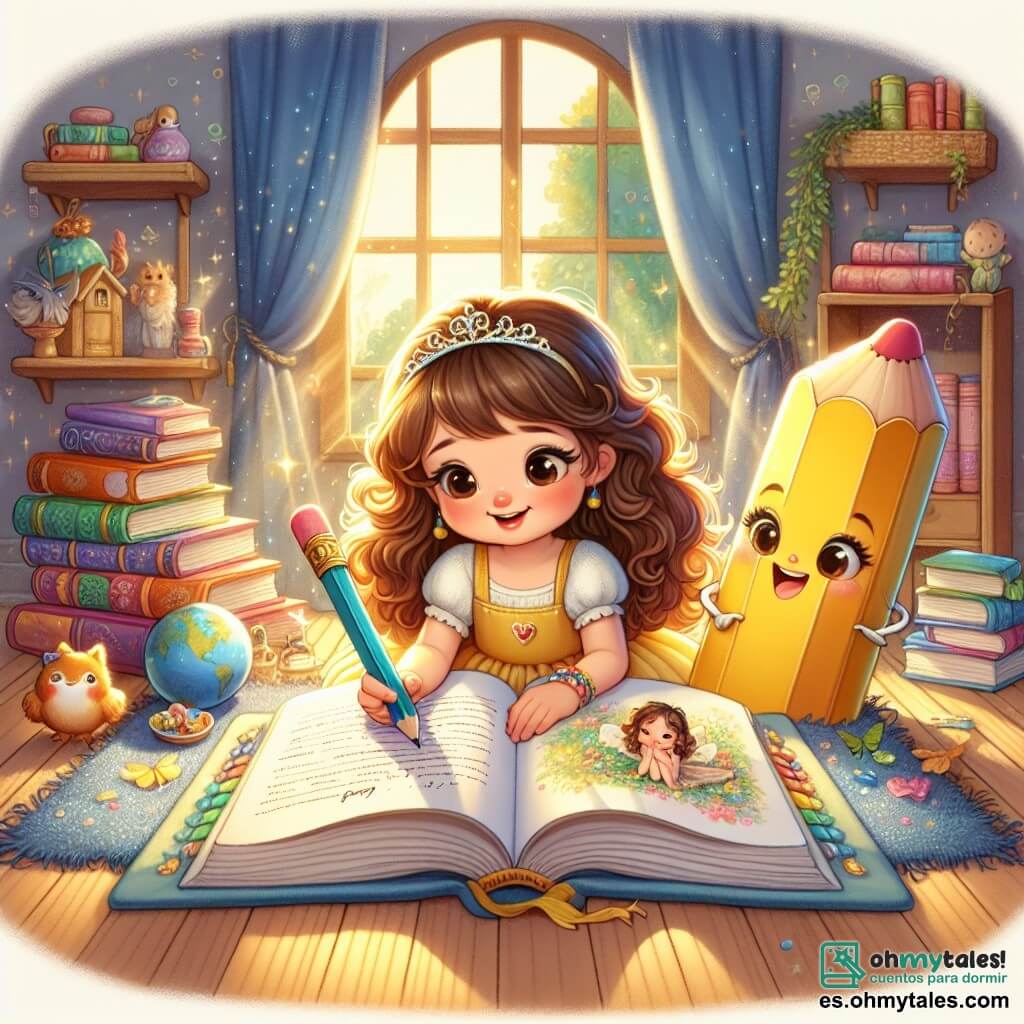 Un libro de páginas coloridas, con una cubierta azul brillante, está abierto sobre una alfombra suave, sus páginas revoloteando suavemente en el aire. La protagonista, una niña de cabello castaño y rizado, lleva un vestido amarillo soleado. Tiene los ojos brillantes de lágrimas, pero una ligera sonrisa se dibuja en su rostro mientras escribe una carta con un lápiz de colores. A su lado, un lápiz amarillo brillante, con una cara sonriente, parece animarla con ojos chispeantes de entusiasmo. Un libro de cuentos, con ilustraciones mágicas, está justo al lado, como un amigo silencioso que la cuida. La escena transcurre en una habitación acogedora, llena de libros coloridos en estanterías de madera, con rayos de luz suave filtrándose a través de una ventana, iluminando la habitación con una atmósfera reconfortante. La situación principal muestra a la niña escribiendo una carta a su abuelo fallecido, rodeada de sus amigos imaginarios, buscando expresar su tristeza mientras celebra los recuerdos felices.