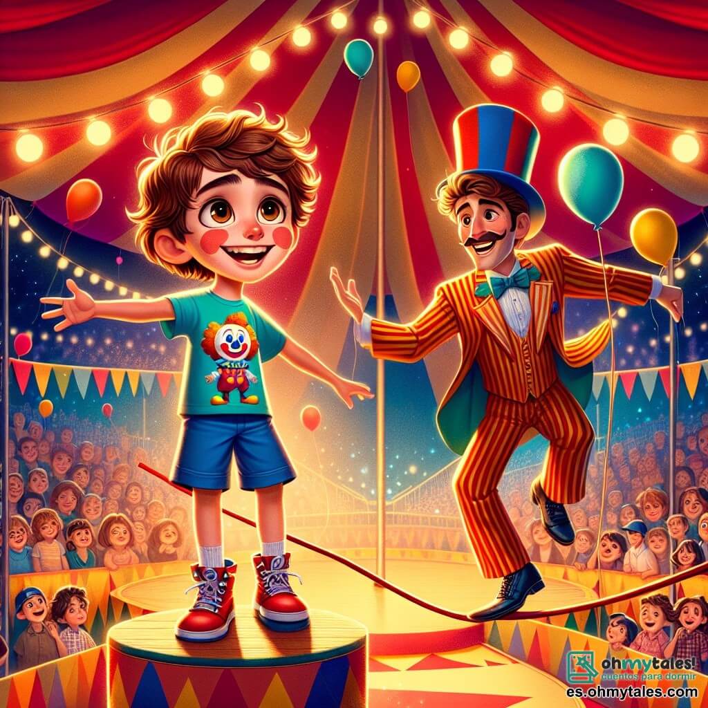 Un niño de 10 años, Juanito, con cabello castaño despeinado y ojos brillantes de alegría, se encuentra en una pequeña plataforma de circo, sonriendo. Lleva una camiseta colorida con motivos de payasos y un short azul, mientras da un paso incierto sobre una cuerda imaginaria, con los brazos extendidos para mantener el equilibrio. Junto a él, el famoso funámbulo, el Señor Rizo, un hombre de unos 40 años con un gran sombrero de copa y un bigote rizado, se balancea graciosamente en la cuerda, luciendo alentador y divertido. Viste un traje a rayas rojas y blancas, y sus ojos brillan de orgullo por su joven amigo. El escenario es una gran carpa de circo de colores vivos, con rayas rojas y amarillas, llena de luces brillantes y espectadores asombrados. Globos de colores flotan en el aire y hay carteles de espectáculos en las paredes. La situación principal muestra a Juanito, un poco nervioso pero decidido, preparándose para caminar sobre la cuerda, mientras el público aplaude y ríe, creando una atmósfera de magia y emoción.