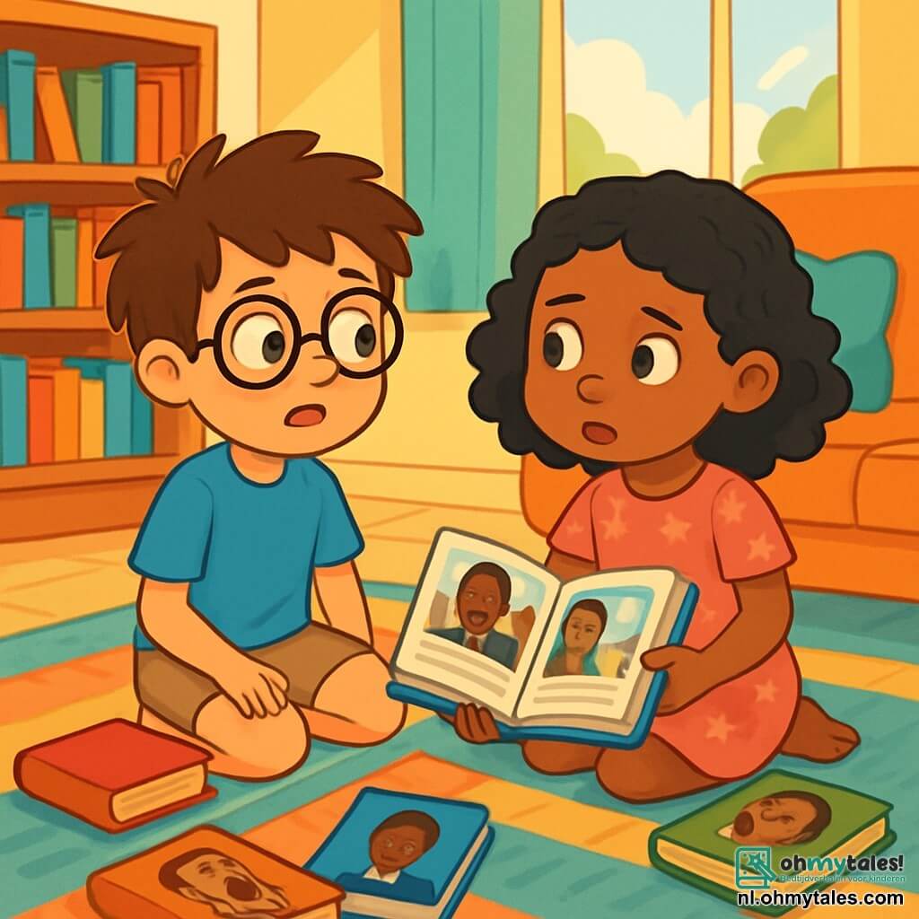 Er zijn 2 hoofdpersonages: - Sam: een 10-jarig jongen met rommelig bruin haar en ronde bril. Hij draagt een blauwe t-shirt en beige shorts. Hij zit op een kleurrijk tapijt, omringd door boeken. - Amina: een 9-jarig meisje met krullend zwart haar en een caramelkleurige huid. Ze draagt een roze bloemenjurk en zit naast Sam, terwijl ze een boek doorbladert. De situatie speelt zich af in een gezellige woonkamer met lichtgele muren. Er is een groot raam dat zonlicht binnenlaat en een zacht tapijt op de vloer. Rijen boeken met kleurrijke kaften en comfortabele kussens zijn om hen heen geplaatst. De hoofdactie van het verhaal toont Sam en Amina die serieus praten over de ongerechtigheden die ze in de boeken ontdekken. Ze wisselen nieuwsgierige en bezorgde blikken uit, omringd door geïllustreerde boeken over historische figuren die tegen racisme hebben gestreden.