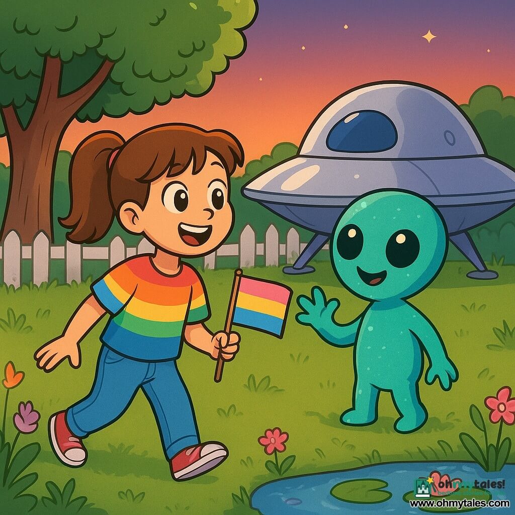 An excited 8-year-old girl with chestnut pigtails, bright wide eyes, in a colorful t-shirt and jeans, holds a small pink-blue-yellow flag planted in the ground and walks toward a bright light at the garden edge; a small friendly alien named Zog, round smooth silhouette, shimmering teal-green skin, three fingers and smiling round eyes, emerges from a silver craft parked in the field behind the garden and waves slightly to the girl's right; a large oak to the left, a small pond with water lilies, wildflowers, green lawn, white picket fence and a house in the background under an orange-pink twilight sky with early stars; the scene focuses on the girl and the alien meeting near the flag in soft warm light, contrasting the craft's shiny metal with the garden's natural textures, creating a happy, curious atmosphere.