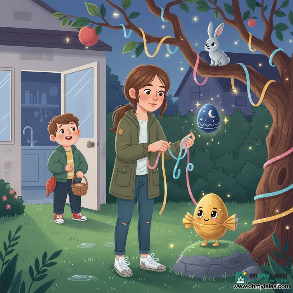 A calm 12-year-old girl with mid-brown hair in a ponytail, a khaki jacket and slightly dirty white sneakers delicately holds a loop of luminous ribbon while quietly unwrapping pink, blue and gold glowing ribbons tangled around a branch; nearby a round-faced, enthusiastic seven-year-old boy named Leo, with a red hat in his pocket, stands by the kitchen door clutching a small wicker basket and watching in wonder, and a small anthropomorphic chocolate egg named Crispin, wrapped in shiny gold foil with mischievous black eyes, stands on a stone whispering advice; a midnight-blue painted floating egg called the Sky Shell, decorated with a moon and silver stars, levitates at the girl's shoulder emitting golden pinpoints of light, and a translucent silver moonlight rabbit perches on a low apple-tree branch; the setting is a suburban garden at night—dewy lawn, gnarled old apple tree, wooden fence and cold moonlight—with the ribbons sparkling and releasing tiny sparks, creating a magical but tranquil atmosphere.
