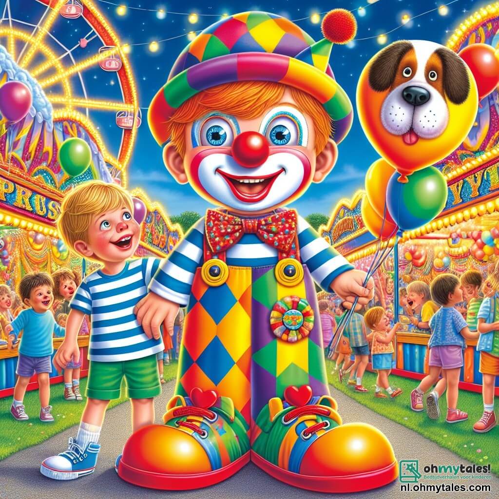 Een 6-jarig jongetje, Tim, staat in het midden van de afbeelding, gekleed in een kleurrijk clownspak met een grote rode neus, een brede hoed met patronen en gigantische schoenen. Zijn gezicht straalt van vreugde en verwondering terwijl hij om zich heen kijkt, met glinsterende ogen van opwinding. 

Naast hem staat zijn vriend Sam, ook een 6-jarig jongetje, die een grote ballon in de vorm van een hond vasthoudt, met een grote glimlach op zijn gezicht. Hij draagt een gestreept t-shirt en een korte broek, en lijkt klaar om plezier te maken. 

Op de achtergrond speelt de scène zich af in een levendig park, vol felle kleuren: spelletjeskramen, fonkelende lichtjes, kinderen die lachen en dansen, en een reuzenrad dat langzaam draait onder een heldere blauwe lucht. 

De hoofdsituatie toont Tim en Sam, verwonderd, midden in het carnaval, omringd door gelach en magie, klaar om samen een onvergetelijk avontuur te beleven.