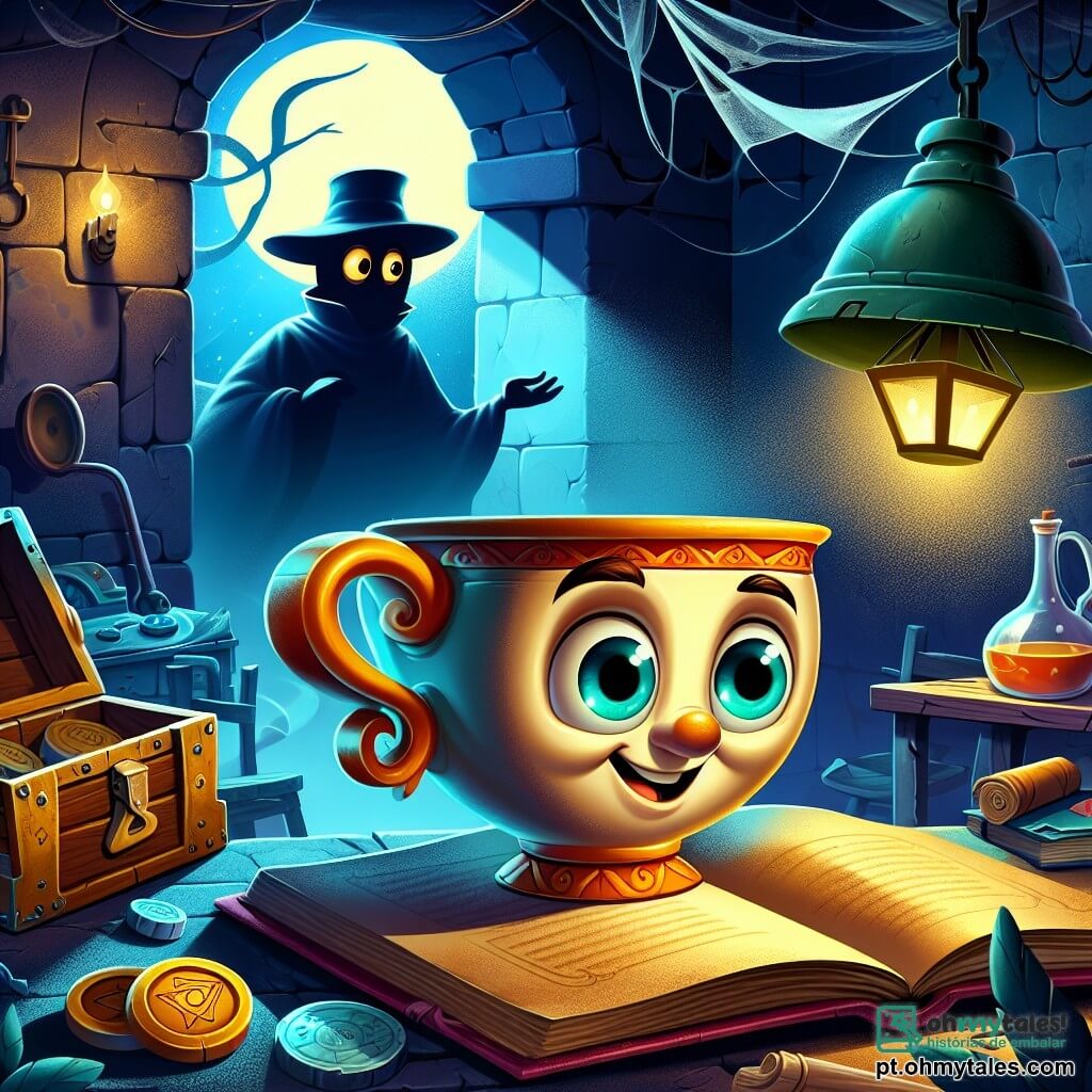 No centro da imagem, o personagem principal, o Senhor Caneca, é uma caneca de cerâmica com olhos brilhantes e um sorriso pintado. Ele parece curioso e corajoso, segurando-se firmemente em uma mesa empoeirada, pronto para explorar. Ao seu lado, a Sombra, uma silhueta borrada e sombria, flutua levemente acima do chão, com uma expressão suave, mas melancólica, como se estivesse esperando uma ajuda preciosa. O local é um antigo laboratório, cheio de máquinas enferrujadas e mesas cobertas de poeira. Teias de aranha pendem dos cantos escuros, e livros abertos estão espalhados pelo chão, criando uma atmosfera misteriosa e ligeiramente inquietante. A situação principal mostra o Senhor Caneca e a Sombra se preparando para abrir um velho baú de madeira, cercado por símbolos estranhos. A luz da lua filtra através de uma janela quebrada, iluminando seus rostos com um brilho prateado, enquanto uma atmosfera de suspense e aventura paira no ar.