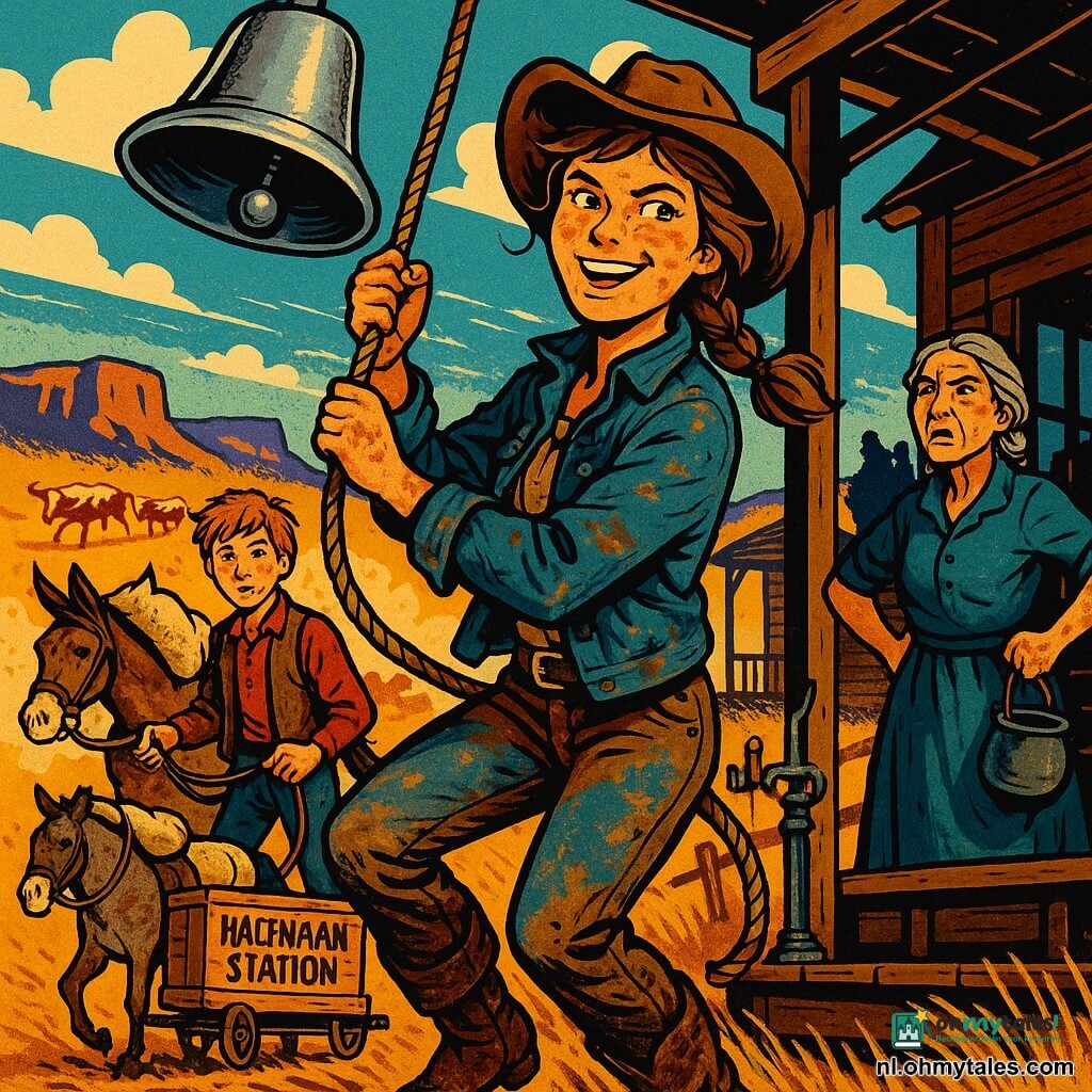 Hoofdpersonage: een jonge cowgirl van ongeveer 16–18 jaar, lichtbruin haar in een rommelige vlecht, stoffig gezicht maar vastberaden glimlach, trekt krachtig aan het touw van een grote glimmende metalen bel, energieke houding, versleten leren laarzen en een gevlekte denimjas; bijpersonages: een jongen van ±14 met rood, onverzorgd haar en sproeten, nerveuze maar trotse blik, houdt de teugels van een klein bruinen paard en trekt een houten slee met een grote kist gemarkeerd "Halfmaan Station", iets achter en links van de cowgirl; een vrouw van ±60 met grijs haar in een lange vlecht, gerimpeld maar strijdlustig gezicht, staat recht op de veranda met hand aan de heup en een pan aan de riem, rechts van de cowgirl; dieren: een muilezel geladen met zakken bloem en stofbedekt bij de slee, op de achtergrond een groep bruine en witte longhorns die stofwolken opwerpen; locatie: rustieke houten relais met veranda en waterpomp, half gebroken omheining, wapperende stoffen vlag, gouden droge prairie, ocherkleurige heuvels en donkere rotskloof aan de horizon, brede blauwe lucht met gestileerde wolken; hoofdscène: dynamische schemering, gouden stofwolk, bel luid en duidelijk, gezichten en silhouetten op de porch, spanning opgelost — overwinning en solidariteit na een achtervolging, compositie gefocust op de cowgirl die aan het touw trekt, felle kleuren, sterke contrasten en grove pop-art contouren.