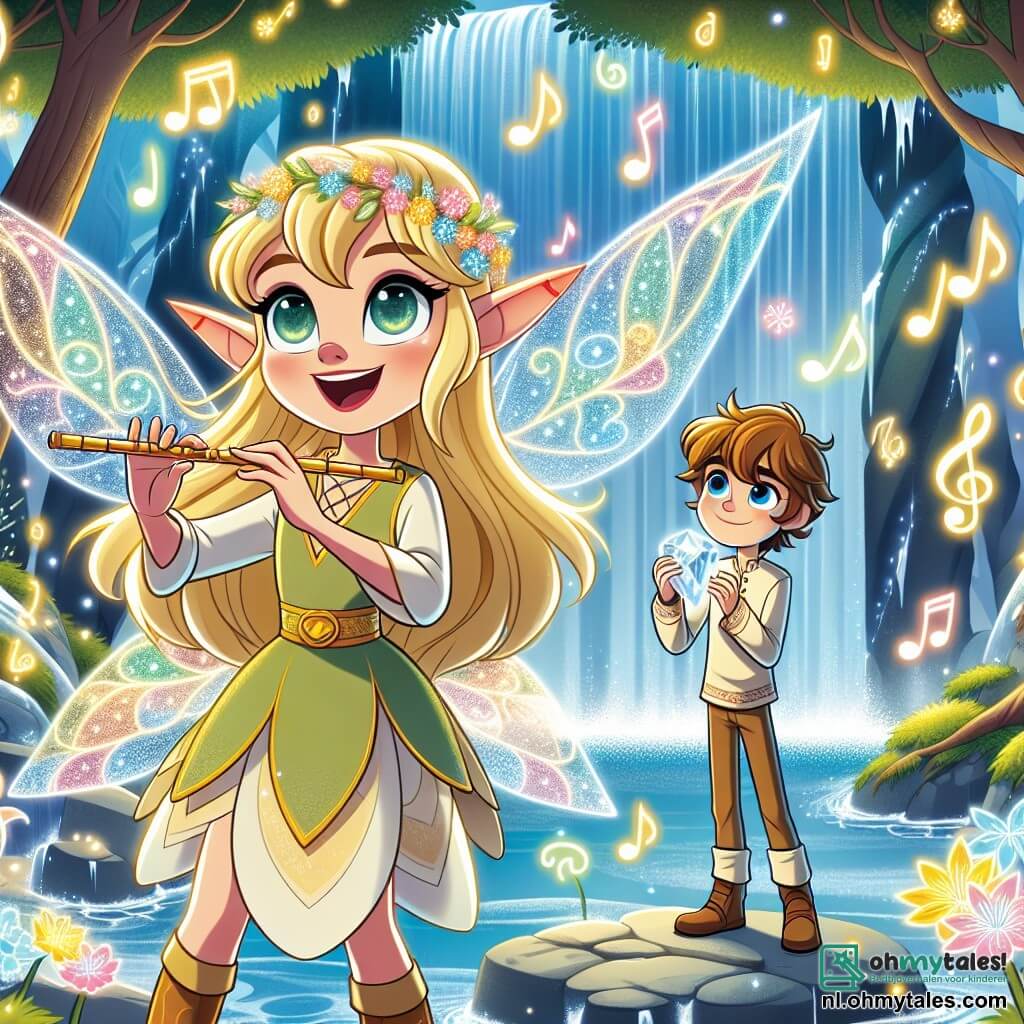 Een elf genaamd Elara, met lange glinsterende gouden haren en sprankelende groene ogen, staat aan de rand van een schitterende waterval. Ze heeft een uitdrukking van vastberadenheid en vreugde, haar doorschijnende vleugels stralen in de zon terwijl ze op haar fluit speelt, omringd door kleurrijke muzieknoten die in de lucht dansen. Naast haar kijkt een 10-jarig jongetje genaamd Finn, met rommelig bruin haar en nieuwsgierige blauwe ogen, verwonderd naar de waterval, terwijl hij een kristallen sleutel in zijn hand houdt. Ze bevinden zich in het betoverde Dwaallichtbos, waar de bomen gouden bladeren hebben en luminescente bloemen de grond verlichten. De hoofdscene toont Elara en Finn die de magie van de waterval wekken om de eerste sleutel te verkrijgen die hen zal helpen hun koninkrijk te redden.