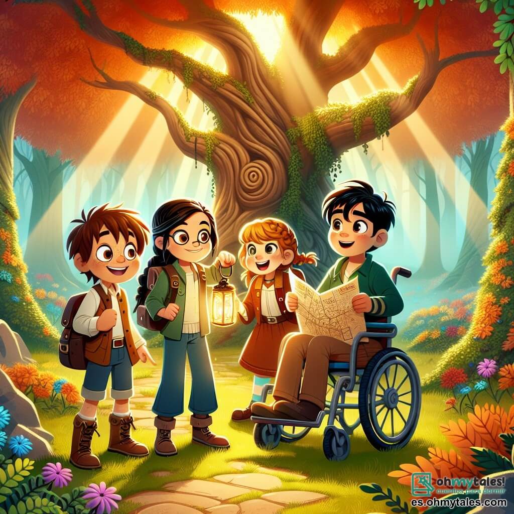 En un claro de un bosque encantado, cuatro pequeños aventureros están listos para su búsqueda. Tomás, un niño de 11 años con cabello castaño alborotado y gafas redondas, mira un viejo mapa con determinación. A su derecha, Clara, una niña de 10 años con trenzas rubias y ojos brillantes, señala un majestuoso árbol con entusiasmo. Luis, un niño de 11 años con cabello negro y una sonrisa traviesa, sostiene una linterna que ilumina el camino, mientras que Pablo, un niño de 11 años en silla de ruedas, sonríe con confianza, rodeado de sus amigos. El lugar es una hermosa clara bañada de luz dorada, rodeada de árboles de hojas coloridas, donde crecen flores brillantes a sus pies. Los rayos de sol filtran a través de las ramas, creando una atmósfera mágica y acogedora. Los cuatro amigos se preparan para resolver enigmas planteados por criaturas mágicas para descubrir el tesoro escondido en el corazón del Bosque Encantado, llenos de emoción y curiosidad, listos para vivir una aventura inolvidable juntos.