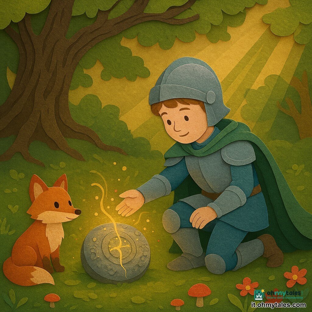 Un giovane cavaliere ragazzo dal volto dolce e sorridente, armatura argentata con riflessi blu e mantello verde spiegazzato, ginocchio sul suolo muschioso mentre tende la mano verso una pietra antica scintillante; è concentrato e pieno di speranza. Accanto a destra una piccola volpe rossa dagli occhi vivi, pelo morbido, orecchie alzate, postura curiosa e incoraggiante. Sullo sfondo un grande albero nodoso e antico con corteccia marcata e radici allargate che circondano la radura, foglie a strati e raggi di sole dorati che filtrano tra i rami. Al centro la pietra del sigillo, rotonda, incisa con motivi luminosi, una fessura dorata si apre emanando scintille e volute di luce. La radura è tappezzata di muschio verde con funghi colorati e fiori in stile carta ritagliata, atmosfera calda e magica, palette di verdi, ori e rossi tenui. Composizione centrata, stile carta ritagliata definito, contorni leggermente in rilievo, texture visibili, atmosfera pacifica ed eroica adatta a una copertina o illustrazione a piena pagina.