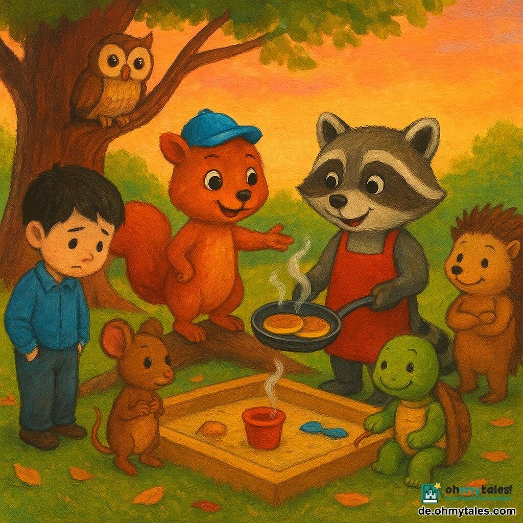 Kiki, ein lebhaftes kleines Eichhörnchen mit runden schelmischen Augen, steht selbstbewusst auf einer sichtbaren Wurzel, trägt eine blaue Mütze und zeigt schützend auf Sam; Sam, ein junger Waschbär mit kurzer roter Schürze, schüchtern und erleichtert, hält eine Pfanne mit dampfenden Pfannkuchen am Rand eines Sandkastens; Toni, ein älterer Dachsenjunge, steht links mit gesenktem Kopf und Händen in den Taschen, als hätte er sich entschuldigt; Mia, eine neugierige kleine Dachsine, steht neben ihm mit großen Augen und Hand aufs Herz, staunend über die Pfannkuchen; Lina, eine runde Schildkröte mit sanftem Lächeln, sitzt am Sandkastenrand und klopft fröhlich mit einer Schaufel; Gustav, ein gepflegter Igel, lächelt verschränkt hinter Kiki; Hekla, eine weise Eule auf einem hohen Ast, überblickt die Szene mit zusammengelegten Flügeln; Ort: Spielplatz unter einer alten Eiche mit freiliegenden Wurzeln als natürlicher Bank, zentraler Sandkasten mit bunten Werkzeugen, grünes Gras und goldene Blätter bei orange‑rosa Abendhimmel; Stimmung: warm, sicher, Versöhnung und Teilen, Gruppe im Kreis um den kochenden Waschbären, kräftige Farben, sichtbare Acryltextur, weiches Sonnenuntergangslicht, abgerundete kindliche Malweise, zentrierte Komposition und leichtes Vogelperspektive, damit alle Gesichter sichtbar sind.