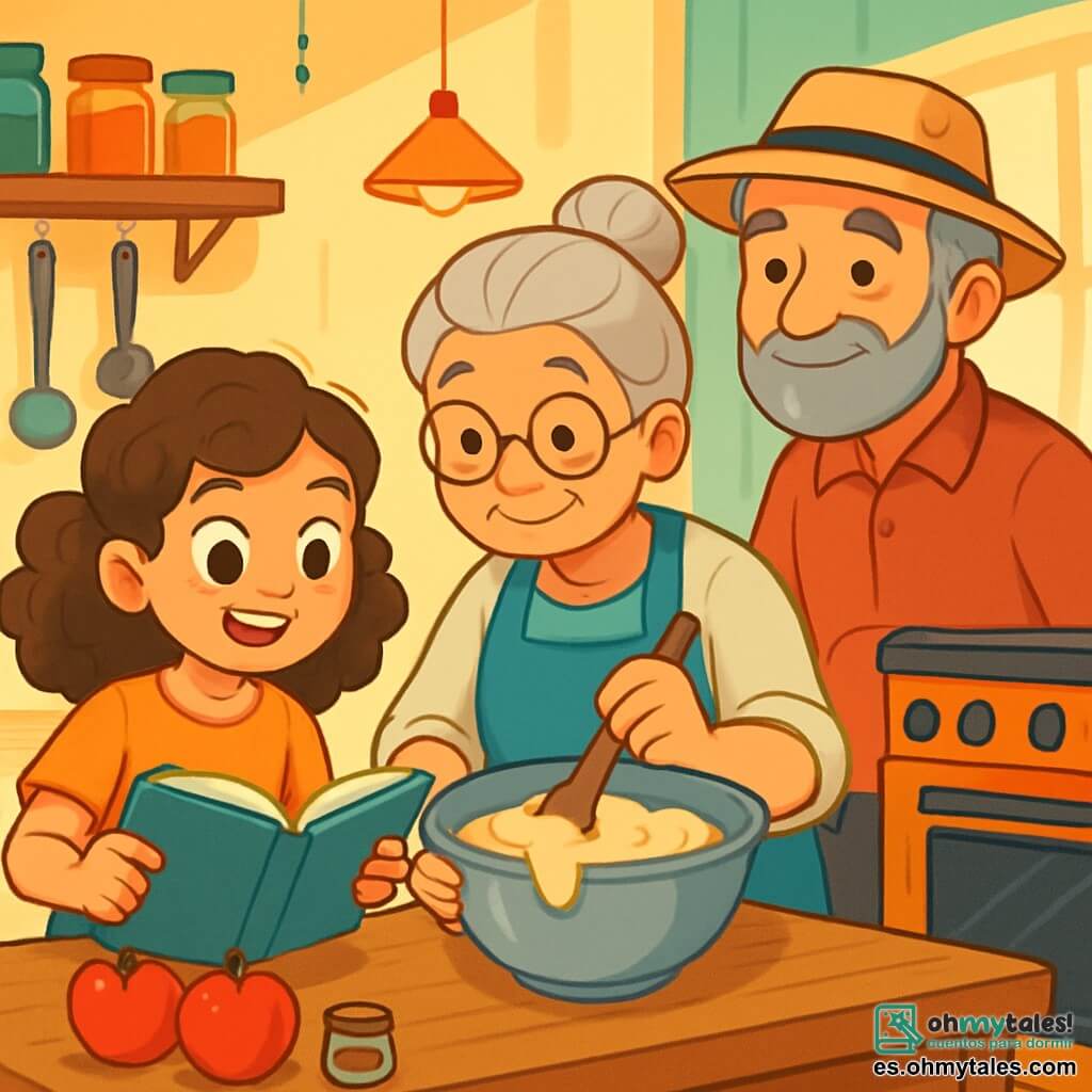 Una niña de 10 años, Lucía, con cabello rizado castaño y ojos llenos de curiosidad, se encuentra frente a una mesa de madera en una cocina luminosa. Sonríe con alegría y determinación, sosteniendo un libro de recetas abierto. A su lado, su abuela, una mujer mayor con cabello gris recogido y gafas redondas, mezcla una masa en un gran bol de metal, mostrando una expresión dulce y alentadora. Un vecino, el señor Tomás, un hombre de unos 60 años con barba gris y sombrero de paja, está cerca del horno, observando con admiración y listo para ayudar. La cocina es acogedora, con paredes pintadas de amarillo pastel, estanterías llenas de tarros coloridos de especias y utensilios brillantes colgados del techo. Un aroma de manzanas y canela flota en el aire, creando un ambiente cálido. Lucía, concentrada y entusiasta, lee la receta en voz alta mientras la masa se desborda ligeramente del bol, añadiendo emoción y caos a esta escena alegre de colaboración culinaria.