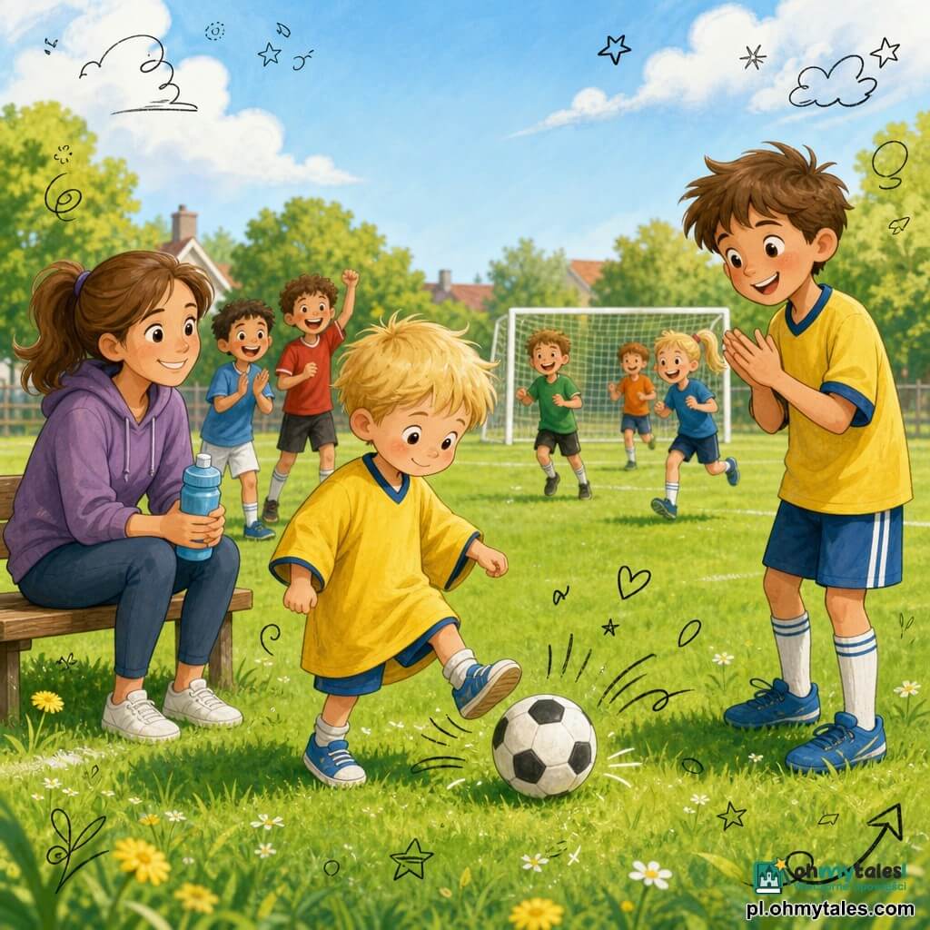 Czterolatek Maks, radosny i nieco nieśmiały, krótkie blond włosy, okrągłe policzki, w za dużej żółtej koszulce i niebieskich butach sportowych, delikatnie kopie miękką piłkę na trawie; starszy chłopiec Kuba, ok. 9 lat, pewny siebie i uśmiechnięty, brązowe potargane włosy, dopasowana żółta koszulka, stoi kilka kroków przed Maks, klaszcze i dopinguję; mama ok. 30 lat, życzliwa, włosy związane, siedzi na drewnianej ławce przy boisku, trzyma butelkę wody i uśmiecha się do Maksa; w tle inne bawiące się dzieci (6–10 lat) biegają i śmieją się, niektóre w kolorowych koszulkach; miejsce: małe trawiaste boisko osiedlowe z zieloną trawą i mniszkami, lekko wyblakłymi białymi liniami, białą metalową bramką i niskimi drzewami, miękkie jasne poranne niebo; sytuacja: chwil radości i wsparcia podczas kopnięcia piłki, ciepła atmosfera, żywe kolory, zaokrąglone wyraziste rysy, łagodne światło i kontrasty, dziecięcy, zabawny styl z doodlami małych gwiazdek i nut radości wokół piłki.