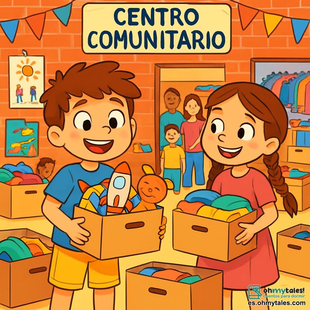 Un niño de 8 años, llamado Martín, con el cabello castaño despeinado y ojos llenos de curiosidad, sonríe alegremente mientras sostiene una caja llena de juguetes y libros. Lleva una camiseta azul con un dinosaurio y un pantalón corto amarillo brillante, mostrando su entusiasmo y determinación para ayudar. A su lado, Lucía, una niña de 8 años con largas trenzas castañas y un vestido rosa, lo anima con una gran sonrisa, sosteniendo otra caja llena de ropa colorida. Ella se queda un poco atrás, observando a Martín con admiración. Están en el centro comunitario, un gran edificio de ladrillos rojos, decorado con guirnaldas coloridas y dibujos de niños en las paredes. Dentro, estanterías llenas de ropa y juguetes, y familias sonrientes se mueven, intercambiando risas e historias. La escena principal muestra a Martín y Lucía preparando una colecta de donaciones para ayudar a familias necesitadas, rodeados de cajas llenas de tesoros, simbolizando la ayuda mutua y la solidaridad, mientras otros niños y adultos se unen con entusiasmo, creando una atmósfera alegre y cálida.