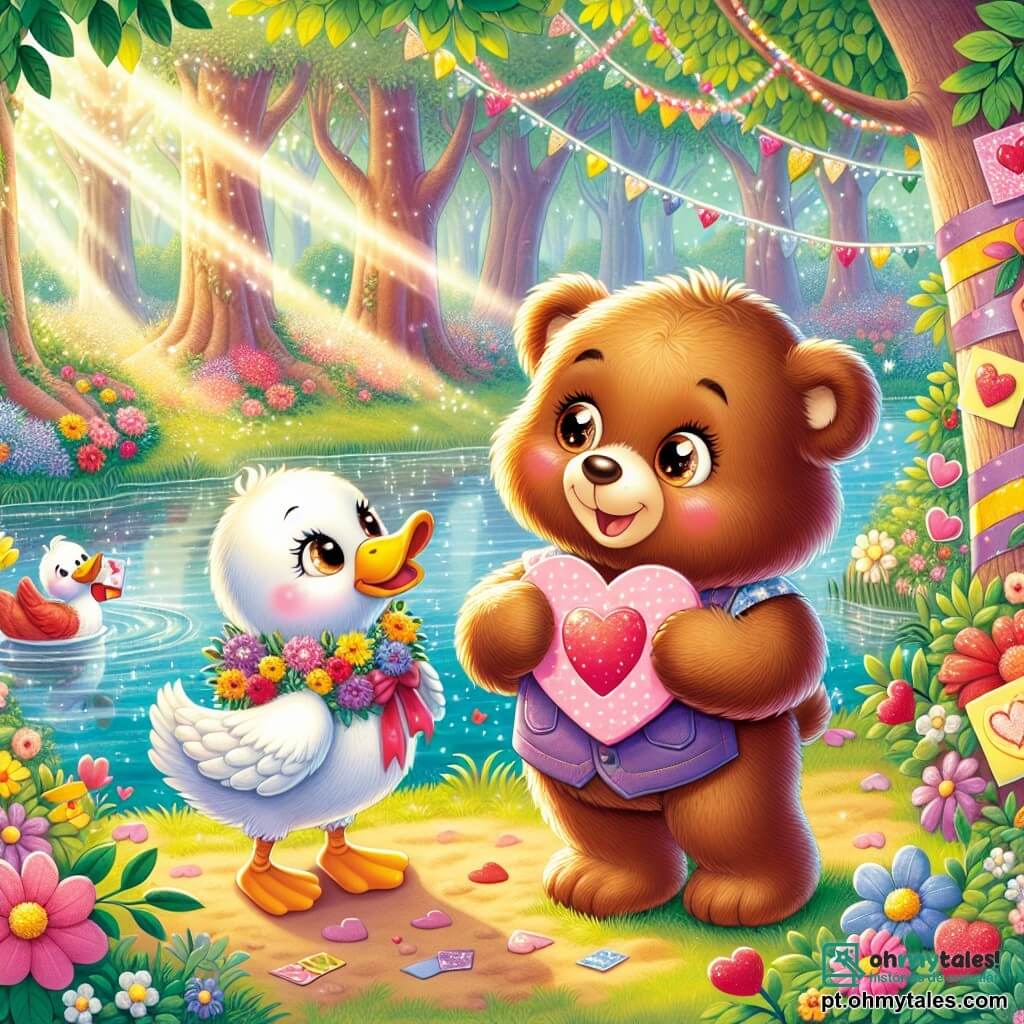 O Pequeno Urso, um adorável urso marrom com pelagem macia e olhos brilhantes de curiosidade, está à beira de um lago cintilante, com um grande sorriso iluminando seu rosto enquanto segura um bonito cartão em forma de coração. Ao seu lado, Pata, uma gralha graciosa com penas brancas e um bico amarelo-vivo, olha para o Pequeno Urso com olhos brilhantes de alegria, oferecendo-lhe uma guirlanda de flores coloridas. Ao fundo, a floresta está cheia de árvores verdejantes, flores vibrantes e raios de sol filtrando pelas folhas, criando uma atmosfera acolhedora e festiva. A cena principal mostra o Pequeno Urso e Pata celebrando sua amizade durante uma festa de Dia dos Namorados, cercados por cartões coloridos e risadas, compartilhando momentos de felicidade à beira do lago.
