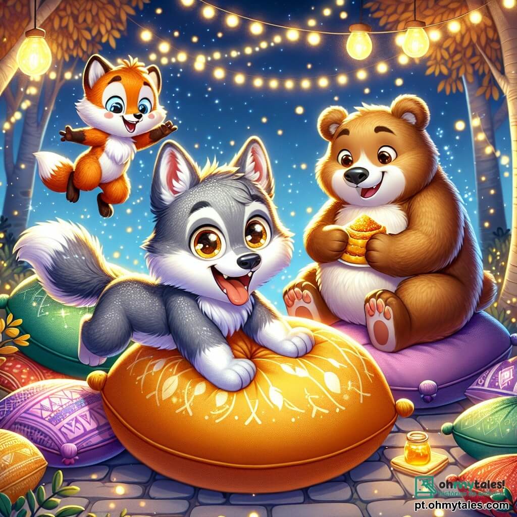 Um pequeno lobo chamado Lupi, com pelagem cinza e olhos curiosos, dança alegremente sobre uma grande almofada colorida, com um sorriso radiante no rosto. Ao seu lado, uma raposa ruiva chamada Fifi, com uma cauda espessa e olhos travessos, ri alto enquanto tenta pular em outra almofada. Um urso chamado Bolota, grande e redondo com pelagem marrom e um ar faminto, observa um pouco afastado, saboreando um delicioso bolo de mel, com os olhos brilhando de felicidade. O cenário é uma colina encantada, iluminada por luzes cintilantes, com árvores de folhas douradas e um céu estrelado ao fundo. A cena transmite uma atmosfera festiva e mágica, repleta de risos e alegria, enquanto os amigos se divertem juntos em um grande baile de almofadas.