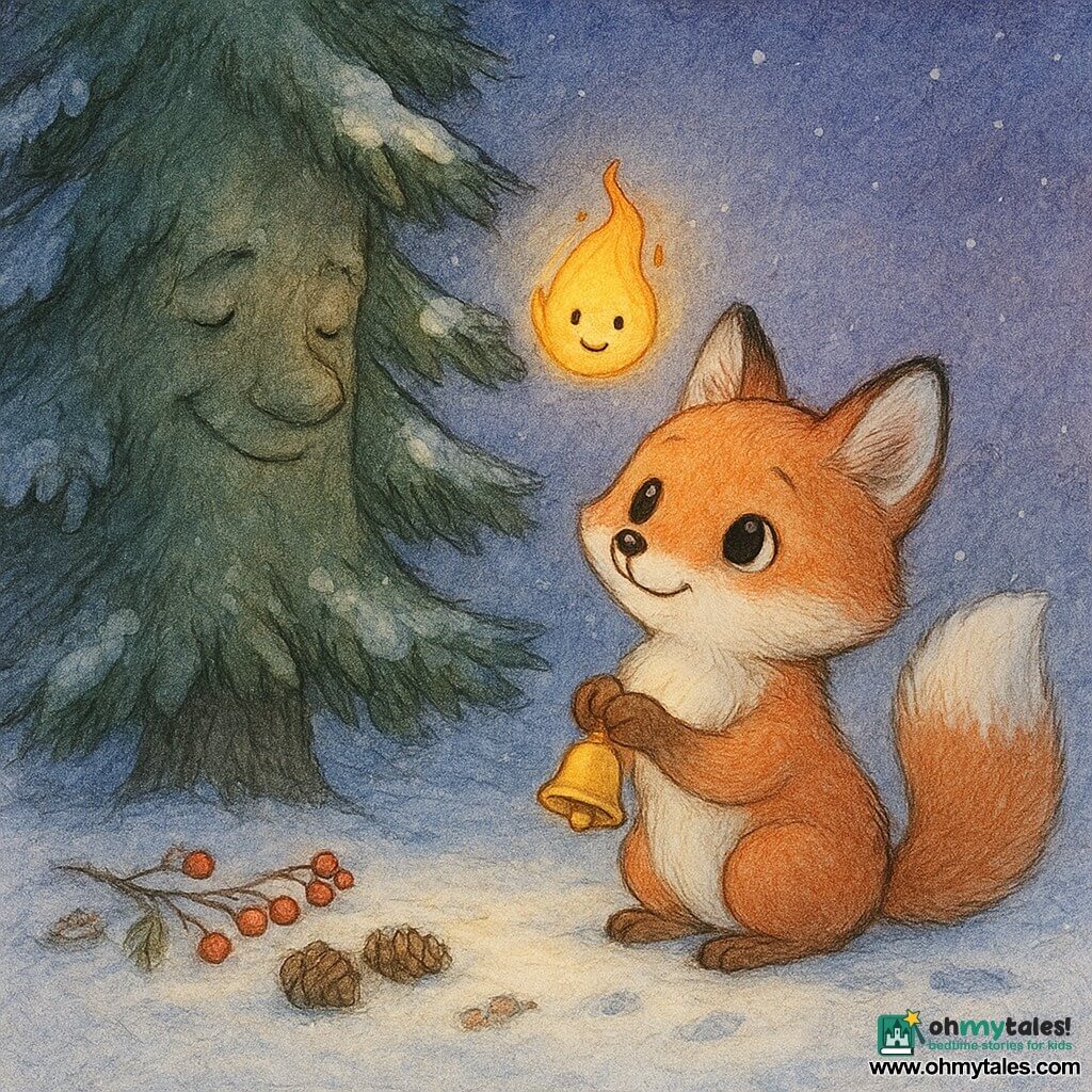 The main character is a small red fox with bright eyes, soft cheeks and a fluffy snow-dusted tail, holding a tiny glowing bell between its paws; a secondary character is a tall dark-green anthropomorphic fir tree with snow-laden branches and a kindly carved face leaning gently from the left; another secondary character is a tiny yellow-orange candle-flame spark hovering above a branch, joyfully illuminating the fox's face; the setting is a snowy clearing at twilight under a blue-violet sky with a glittering snow carpet and scattered red berries and pine cones; the scene shows the fox returning the glowing bell to the tree while the little flame dances, creating a warm, magical Christmas atmosphere.