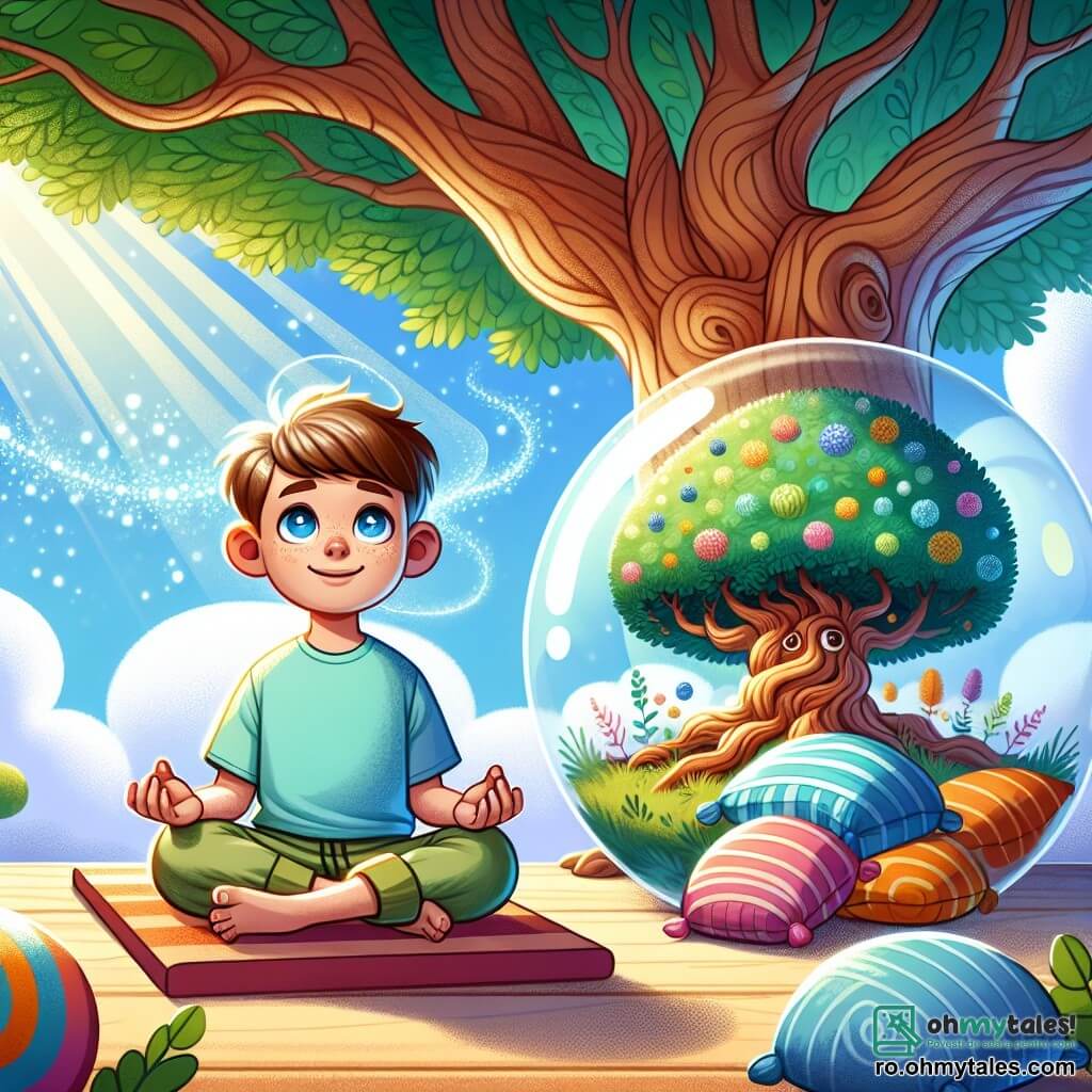 Un băiat de 12 ani, Radu, cu părul castaniu deschis și ochii plini de curiozitate, stă în poziția lotus pe un covor de yoga moale, cu un zâmbet liniștit pe față. Poartă un tricou albastru deschis și o pereche de pantaloni scurți din bumbac, înconjurat de perne colorate. Lângă el, un copac mare și măreț, cu ramuri întinse și frunze verzi strălucitoare, pare să-i șoptească secrete. Copacul, un personaj secundar important, are un trunchi lat și noduros, cu o textură aspră, iar frunzele lui dansează ușor în vânt, creând o atmosferă pașnică. Locul este sub un cer albastru deschis, presărat cu nori albi și pufoși, unde Radu plutește într-o bulă transparentă, înconjurat de o lumină aurie și blândă, ca un vis treaz. Situația principală îl arată pe Radu respirând profund, cu ochii închiși, în timp ce se conectează la magia naturii, simțind o profundă pace interioară și o armonie cu lumea din jur.