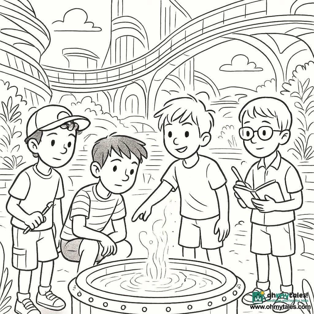 There are four children: - A boy named Leo, almost 8 years old, with a freckle on his left eyebrow, wearing a striped t-shirt, crouching near the fountain, listening intently to the water's murmur. - A boy named Ari, also almost 8, with tousled hair, wearing shorts and a t-shirt, standing next to Leo, pointing at the fountain. - A boy named Milo, with a cap equipped with a small light, holding a small screwdriver, standing to Leo's left, ready to help. - A boy named Ben, with glasses and a small notebook in hand, to Leo's right, observing the scene with curiosity. The setting is a central fountain in a futuristic city, surrounded by glass walkways and hanging gardens. The circular fountain is adorned with twinkling lights and gentle mist rising in the air. Around it, exotic plants and curved metal benches welcome passersby. The main situation shows the children repairing the fountain. Leo listens to the water's sound, Ari points out an important detail, Milo is ready to intervene with his tools, and Ben takes notes. The atmosphere is dynamic and full of cooperation, with details of the futuristic city in the background, like curved towers and suspended bridges.