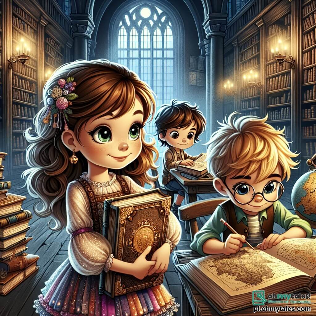 Siedmioletnia dziewczynka Zosia z długimi kręconymi włosami i błyszczącymi oczami stoi w starej bibliotece. Ma na sobie kolorową sukienkę i trzyma dużą książkę z złotą okładką, a jej twarz wyraża podekscytowanie i determinację. Obok niej Kacper, ośmioletni chłopiec z rozczochranymi blond włosami i figlarnym uśmiechem, uważnie przygląda się starej mapie, pochylony nad drewnianym stołem. Ania, siedmioletnia dziewczynka w okrągłych okularach i gładkimi włosami związanymi w kucyk, notuje coś ołówkiem, wyglądając na skoncentrowaną. Biblioteka jest wypełniona dużymi ciemnymi regałami z zakurzonymi książkami, a promienie światła filtrują się przez stare okna, tworząc tajemniczą atmosferę. W tle globus i stare mapy dodają przygodowej aury. Scena przedstawia Zosię, Kacpra i Ani w trakcie śledztwa, otoczonych książkami i mapami, poszukujących wskazówek do rozwiązania tajemnicy "Księgi Tajemnic Czasu", z wyrazami koncentracji i ekscytacji na twarzach.