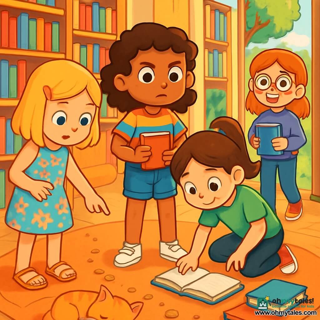 There are 4 children: Emma, a 9-year-old girl with curly brown hair, wearing a colorful striped shirt and denim shorts, holding a small red notebook and standing in the center with a determined look; Lily, an 8-year-old girl with smooth blonde hair, wearing a floral dress and sandals, standing to the left of Emma, curiously looking at the ground while pointing at a trail of cookie crumbs; Mia, a 9-year-old girl with brown hair in a ponytail, dressed in a green t-shirt and black pants, squatting to the right of Emma, examining an open book on the floor; and Sophie, an 8-year-old girl with red hair and round glasses, wearing a purple sweater and jeans, slightly behind, smiling and holding a book, ready to help. The setting is a bright and welcoming library with large shelves filled with colorful books. Sunlight filters through the windows, illuminating a cozy reading nook with soft cushions and a small wooden table. A soft rug on the floor is scattered with cookie crumbs leading to a green garden visible through the back door. The main situation shows the children investigating a trail of cookie crumbs that leads them to a sleeping kitten surrounded by scattered books, with expressions of surprise and excitement, ready to solve the mystery of the missing books.