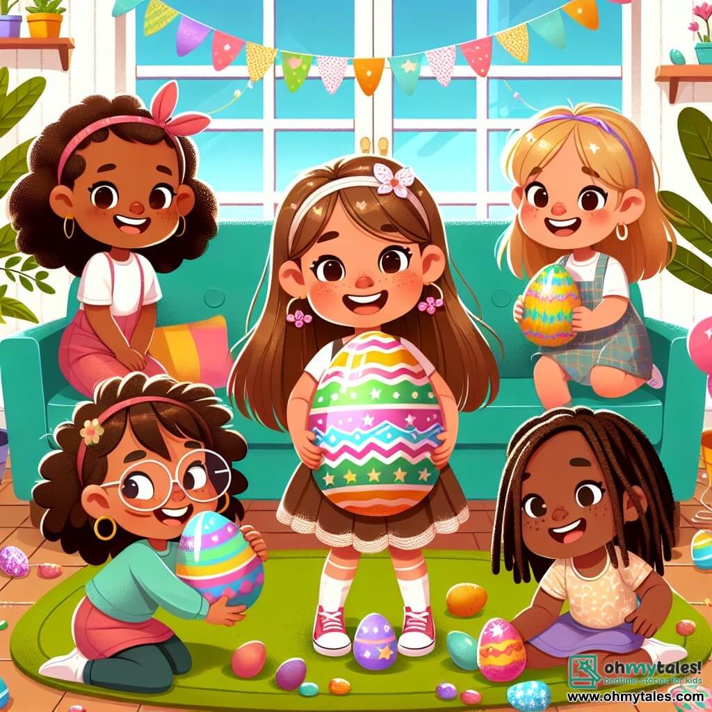 Four joyful little girls stand in a colorful living room, surrounded by Easter decorations. Lucy, a 7-year-old with long brown hair and glasses, smiles while holding a large chocolate egg in her hands at the center of the image. Mia, a 6-year-old with braided blonde hair, is to Lucy's left, searching under the couch with a big smile, holding a colorful egg. Bella, a 7-year-old with red hair and freckles, is to Lucy's right, holding up a yellow egg with stars, her eyes shining with excitement. Zoe, a 5-year-old with curly black hair, is crouched near the plants, holding a green egg with a curious and joyful look. The living room is decorated with colorful balloons, paper egg garlands, and a bright green rug. Chocolate eggs and small toys are scattered on the floor, creating a festive and cheerful atmosphere. The girls are in the middle of an egg hunt, laughing and encouraging each other, while a ray of sunshine brightens the room, adding to the magic of this Easter day.
