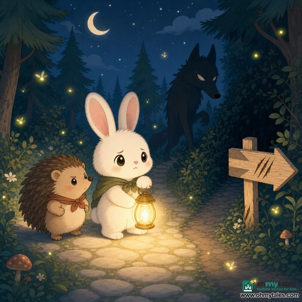 Pip is a small white rabbit with soft fur, large pink ears, a round face and bright eyes, looking worried but determined, holding a golden glass lantern that casts a warm circle of light. The Big Bad Wolf is a slim, smoky-gray silhouette with a long snout and milk-colored piercing eyes, lurking at the edge of the light in the shadows. Nib is a small brown hedgehog with a round, stylized-spined body, brave and supportive, standing just behind Pip to the left, looking toward the dark copse. In the background a pale stone "lantern path" winds between closely spaced pines with simplified silhouettes. Yellow and green fireflies hover as small nearby points of light, adding soft halos. To the right a light-wood sign with a striped arrow and fresh claw marks stands at the edge of a dark path leading into thick brush. The mood contrasts a warm golden light around the characters with deep blue-green shadows elsewhere, tense but not frightening, pastel tones, clean minimal outlines, centered on the calm confrontation at the crossing and the gaze between Pip and the wolf, evoking a choice between light and darkness.
