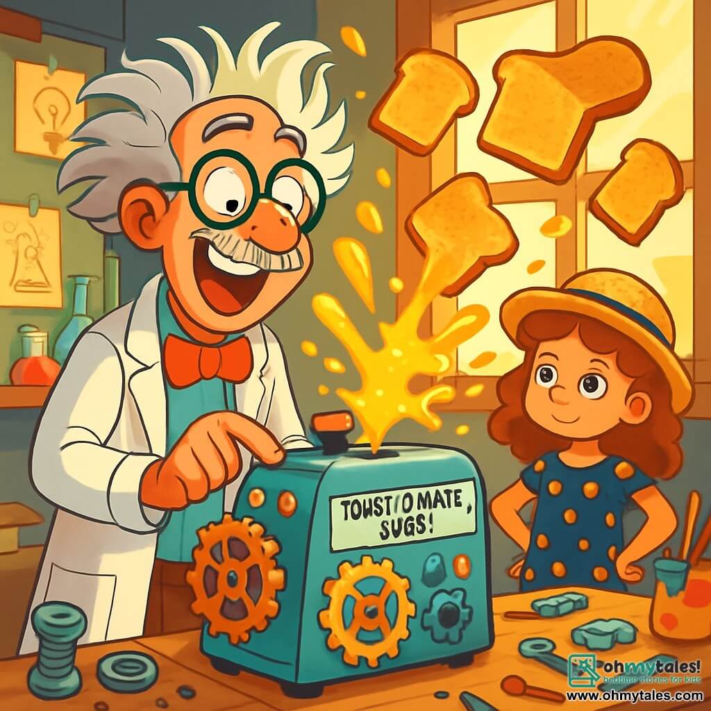 An eccentric man, Professor Wiggleworth, with messy hair and round glasses sliding down his nose, stands in his workshop. He has a delighted smile on his face, his eyes sparkling with excitement as he manipulates a bizarre machine, the Toast-o-Matic 3000, filled with colorful buttons and shiny gears. Next to him, a curly-haired girl, about 8 years old, watches curiously with her hands on her hips, dressed in a polka-dot dress and a straw hat. She stands slightly back, fascinated by the spectacle. The workshop is a creative chaos, filled with spare parts, sketches on the walls, and splattered paint bottles, all bathed in golden light filtering through the open windows. In the center of the scene, the professor presses a big red button, and slices of golden bread fly through the air, while a cloud of butter joyfully splashes around him. The scene is full of movement and bright colors, capturing the energy and enthusiasm of this whimsical invention.