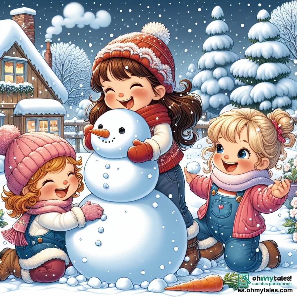 Tres niñas de tres años están jugando en un jardín nevado. Lila, con largos cabellos castaños y una bufanda roja, está haciendo una bola de nieve para un muñeco de nieve. Al lado de ella, Sofía, con cabello rizado y un overol azul, sonríe sosteniendo una zanahoria para la nariz del muñeco. Finalmente, Ana, con cabello rubio y una chaqueta rosa, se divierte lanzando nieve al aire, creando una lluvia brillante a su alrededor. El jardín está cubierto de copos de nieve que caen suavemente, cubriendo el suelo con un espeso manto blanco. Los árboles con ramas cargadas de nieve se alzan al fondo, y una pequeña casa de madera con humo saliendo de la chimenea se encuentra al lado. Las tres amigas se divierten construyendo un muñeco de nieve, riendo y jugando juntas, rodeadas por la magia del invierno.