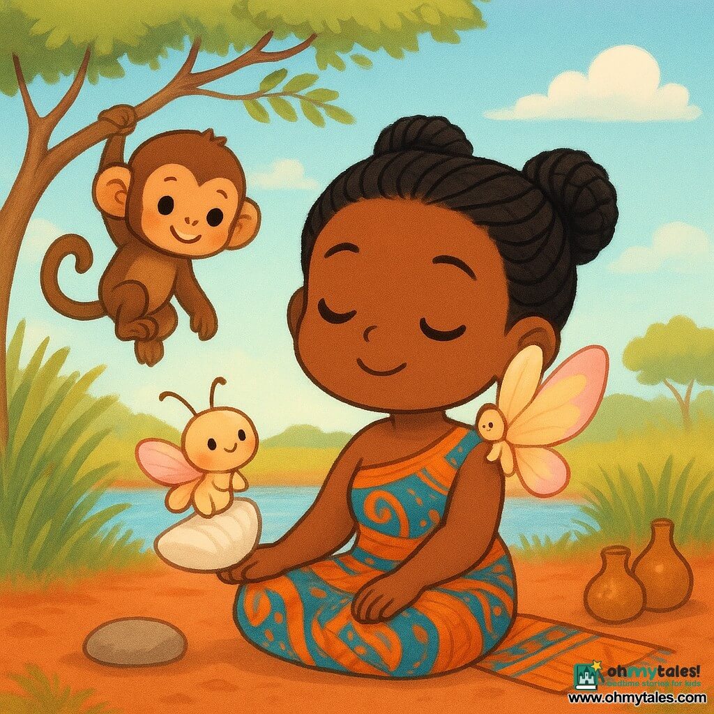 The main figure is a serene African weaver with warm brown skin and black braided buns, wearing an orange-and-blue wrapped cloth, seated cross-legged on a red-soiled riverbank, smiling with her hands on a smooth pebble as she listens to the wind; behind her a small mischievous brown monkey-boy hangs from an acacia branch and watches, while a tiny delicate butterfly-girl with pastel pink-and-yellow wings perches on a white shell the woman holds to her ear; tall green grasses ripple, a broad acacia with fine branches and light leaves stands nearby, calabashes and woven fabrics lie around, and warm sunlight and a gentle breeze move the leaves and cloth under a pale blue sky with soft clouds.
