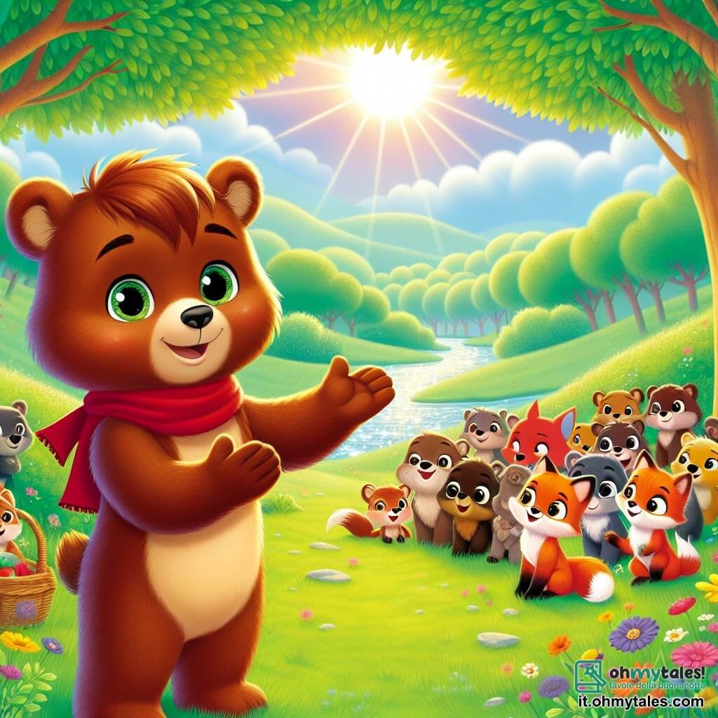 Bruno, un giovane orso bruno con occhi pieni di curiosità, si trova al centro di un grande prato verde, con le braccia aperte e un sorriso caloroso, esprimendo speranza e determinazione. Il suo pelo è morbido e setoso, e indossa un piccolo foulard rosso attorno al collo. Accanto a lui, Lila, una volpe astuta dal pelo arancione brillante, guarda Bruno con un sorriso incoraggiante, i suoi occhi brillano di eccitazione. Sta allungando una zampa verso un gruppo di animali che si avvicinano, invitando tutti a unirsi a loro. Il luogo è un magnifico prato soleggiato, circondato da alberi maestosi con foglie verdi brillanti, e fiori colorati che danzano al vento. In lontananza, un ruscello scintilla sotto i raggi del sole, aggiungendo un tocco di magia alla scena. La situazione principale mostra Bruno e Lila che organizzano una grande festa per riunire tutti gli animali del bosco, con cesti pieni di cibo e decorazioni colorate, simboleggiando unità e solidarietà per superare la povertà.