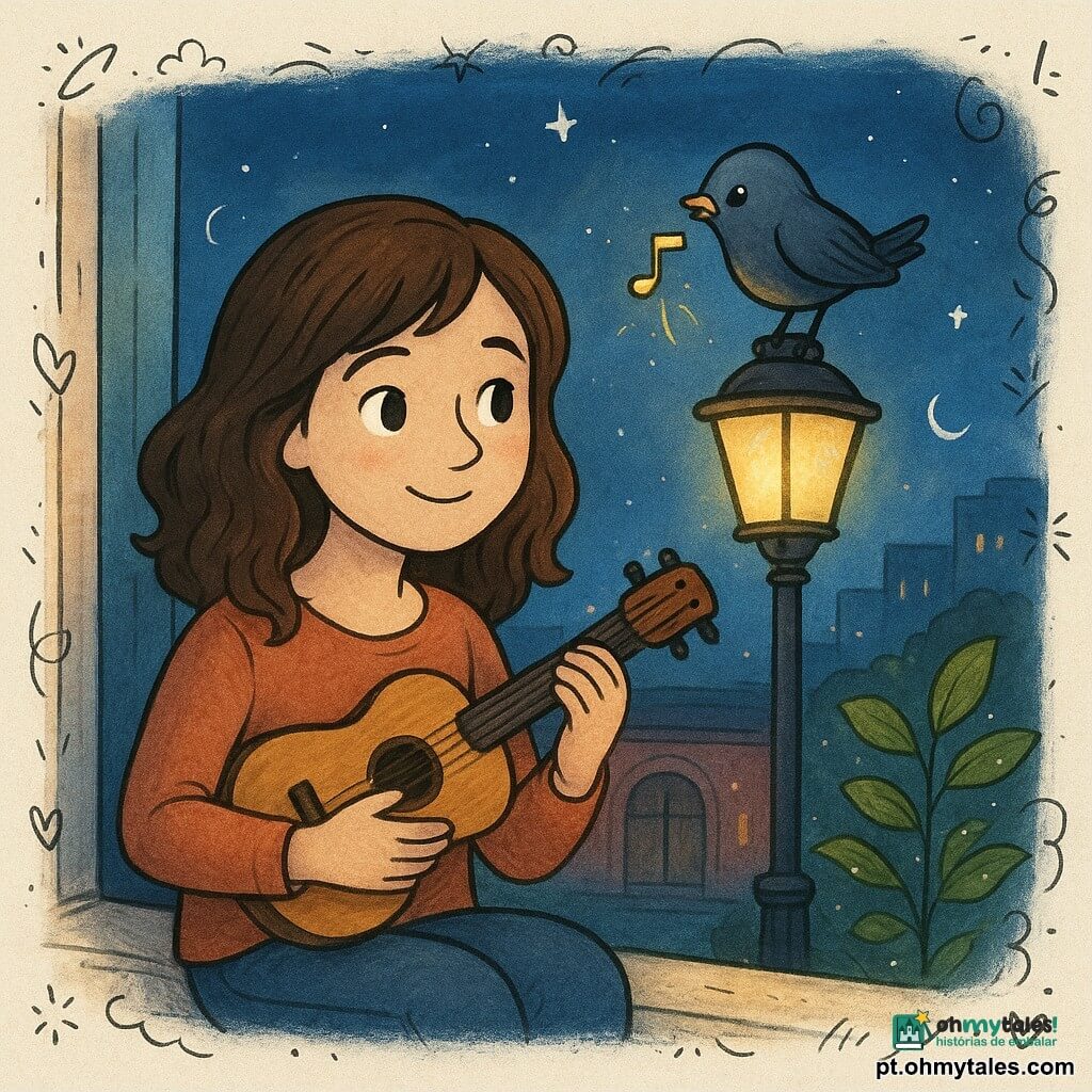 Lia, jovem adulta de cabelos castanhos ondulados até os ombros, rosto suave e olhos brilhantes, sorri timidamente segurando um pequeno violino ou violão acústico de madeira junto ao peito, sentada no parapeito de uma janela aberta; um pássaro pequeno azul‑cinzento pousado num lampião preto segura no bico uma pequena clave de sol dourada com faíscas mágicas, olhando para ela; o lampião emite luz amarela que ilumina folhas de parque molhadas de orvalho, ao fundo vislumbra‑se um antigo teatro de tijolos vermelhos e, mais distante, silhuetas de árvores e edifícios com janelas cintilantes; cena noturna com cores quentes sobre um céu azul profundo, estilo ilustrativo infantil com traços de lápis, texturas de aquarela e pequenos doodles de notas musicais e estrelas.