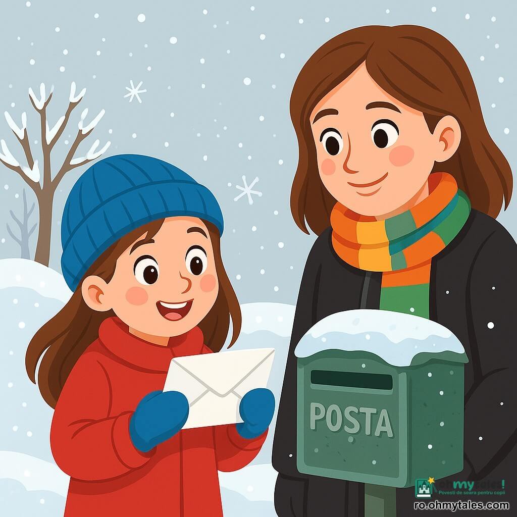 O fetiță de 8 ani, pe nume Maria, cu păr lung castaniu și obraje roz, zâmbește cu uimire în timp ce ține o scrisoare în mâini. Poartă o haină roșie aprinsă, o căciulă de lână albastră și mănuși asortate, iar ochii ei strălucesc de emoție. Lângă ea, mama ei, o femeie de aproximativ 30 de ani cu păr șaten și un zâmbet cald, o observă cu mândrie, purtând o eșarfă colorată și o haină neagră. Scena are loc în exterior, lângă o veche cutie poștală acoperită cu brumă, înconjurată de fulgi de zăpadă strălucitori care cad ușor din cerul gri deschis. Copacii goi, împodobiți cu zăpadă, se ridică în fundal, creând o atmosferă liniștită și de iarnă. Maria, plină de bucurie și curiozitate, se pregătește să își bage scrisoarea în cutia poștală, nerăbdătoare să împărtășească căldura și dragostea ei cu cei care au nevoie.