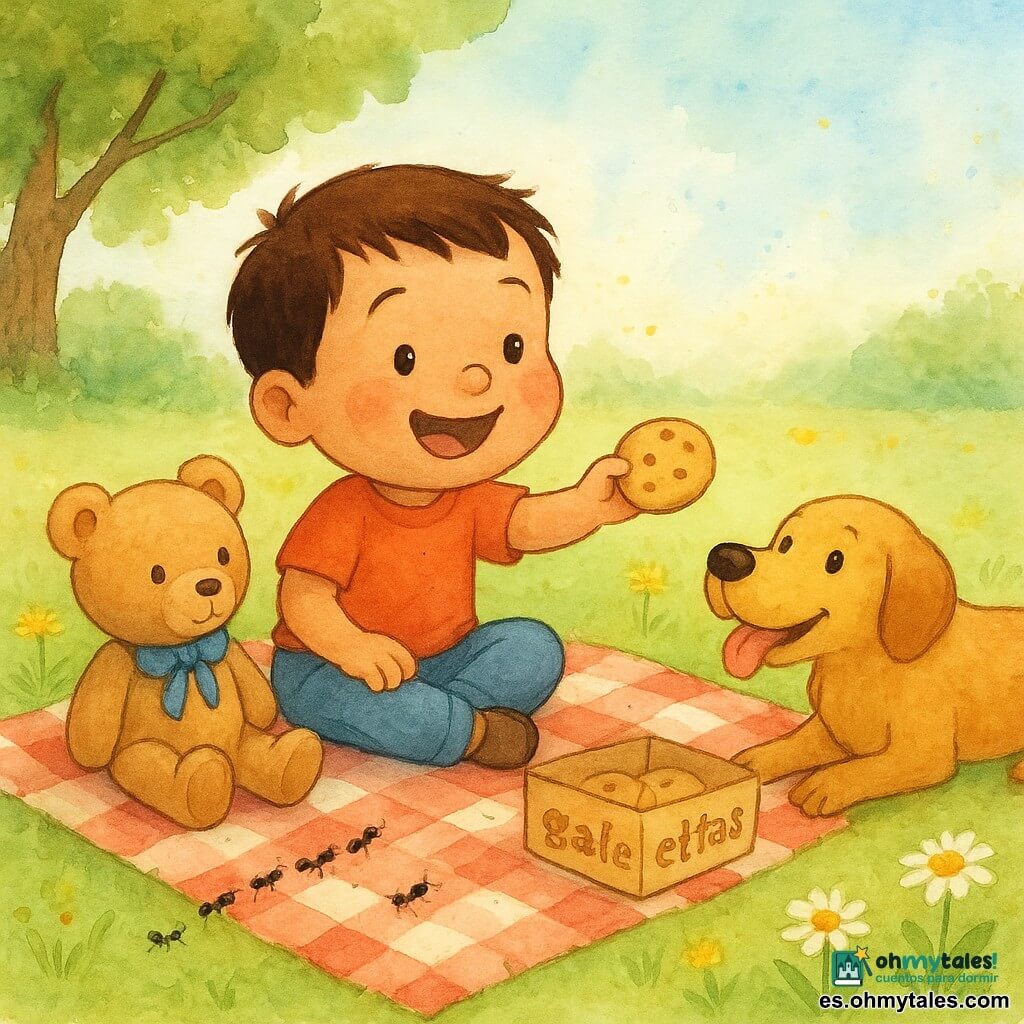 Un niño de 2 años, Paco, sonriente y maravillado, cabello castaño corto y mejillas redondas sonrosadas, sentado sobre una pequeña manta a cuadros rojo y blanco extendiendo una galleta hacia el centro del picnic; un osito de peluche marrón claro, Tomás, con un lazo azul junto a él como participante del intercambio; un perro mediano llamado Max, pelaje dorado y lengua fuera, tumbado cerca con la cabeza vuelta hacia Paco como esperando la galleta; una hilera de hormigas negras brillantes subiendo hacia la caja de galletas sobre la manta; jardín con césped verde texturado, flores amarillas y margaritas, árbol a la izquierda con sombra suave y cielo azul pálido con salpicaduras de acuarela; escena de picnic alegre donde Paco comparte y ríe, animales y hormigas curiosos, luz cálida, colores suaves y composición centrada en la manta y los personajes.