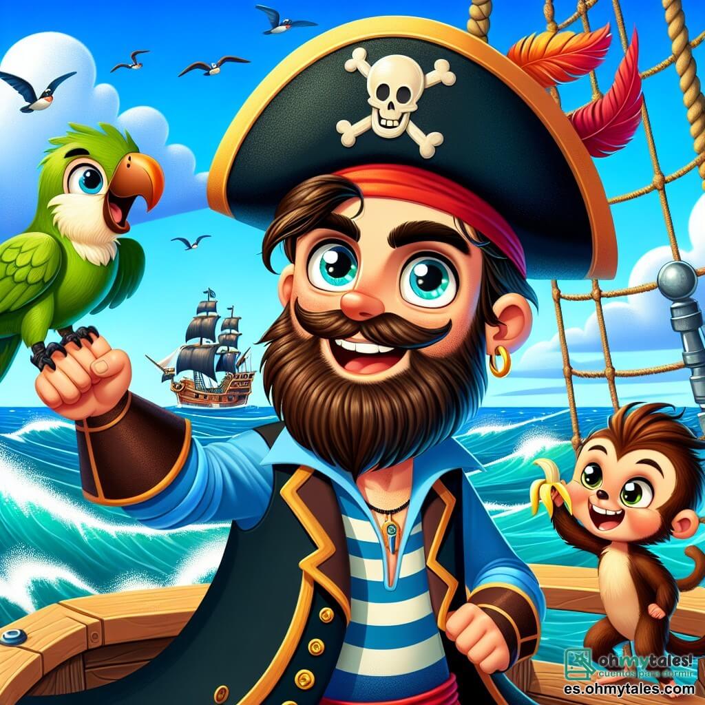 Un valiente pirata llamado Martín, un hombre de unos 30 años, con barba castaña y ojos llenos de aventura, se encuentra en la cubierta de su gran barco, El Delfín Azul. Lleva un sombrero de pirata negro adornado con una pluma roja y un chaleco a rayas. Su rostro expresa determinación y emoción mientras observa el horizonte. A su lado, Lila, un loro colorido con plumas verdes y amarillas, se aferra a su hombro, gritando alegremente. Tomás, un pequeño mono travieso con pelaje marrón, agita una banana en su mano, riendo y saltando alrededor de Martín. Simón, una pequeña rata de mar con una cola larga y delgada, observa atentamente desde el mástil, con ojos brillantes de curiosidad. El entorno es un océano azul brillante, con olas blancas que bailan bajo un cielo soleado salpicado de nubes esponjosas. A lo lejos, otro barco de piratas, oscuro y amenazante, se perfila en el horizonte, creando una atmósfera de tensión y aventura. Martín, decidido, se prepara para defender su barco y a sus amigos contra esta amenaza, listo para vivir una nueva y emocionante aventura.