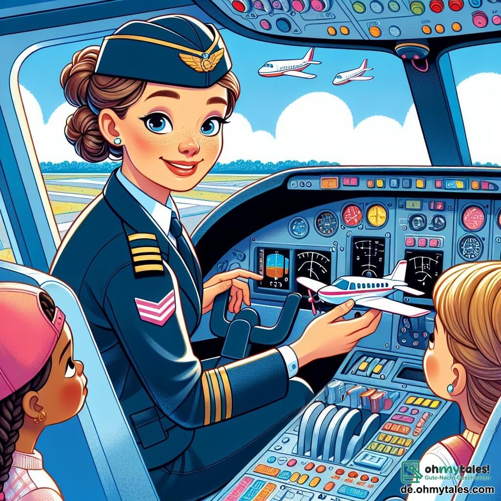 Eine Pilotin, Lisa, steht im Mittelpunkt des Bildes, lächelnd und voller Enthusiasmus, mit braunen, zu einem Dutt gebundenen Haaren und einem marineblauen Pilotenkombine. Sie sitzt im Cockpit eines kleinen Flugzeugs, umgeben von bunten Steuerungen und Instrumenten, ihre Augen strahlen Entschlossenheit aus, während sie den Kindern erklärt, wie man fliegt. Rechts von ihr schaut ein 8-jähriger Junge mit roter Mütze fasziniert zu, seine Augen weit aufgerissen und ein großes Lächeln auf seinem Gesicht. Er hält ein kleines Plastikflugzeug in den Händen. Links von Lisa beobachtet ein 9-jähriges Mädchen mit braunen Zöpfen aufmerksam, ihre Hände auf den Knien, gespannt darauf, zu lernen. Das Cockpit ist hell erleuchtet, mit Fenstern, die einen blauen Himmel mit weißen Wolken zeigen, und im Hintergrund sieht man die Landebahn eines geschäftigen Flughafens mit anderen Flugzeugen am Boden. Die Hauptsituation zeigt Lisa, die den Kindern erklärt, wie das Flugzeug funktioniert, mit glänzenden Instrumenten und bunten Tasten, während sie bereit sind, für ihren ersten Flug zu starten, voller Aufregung und Neugier.