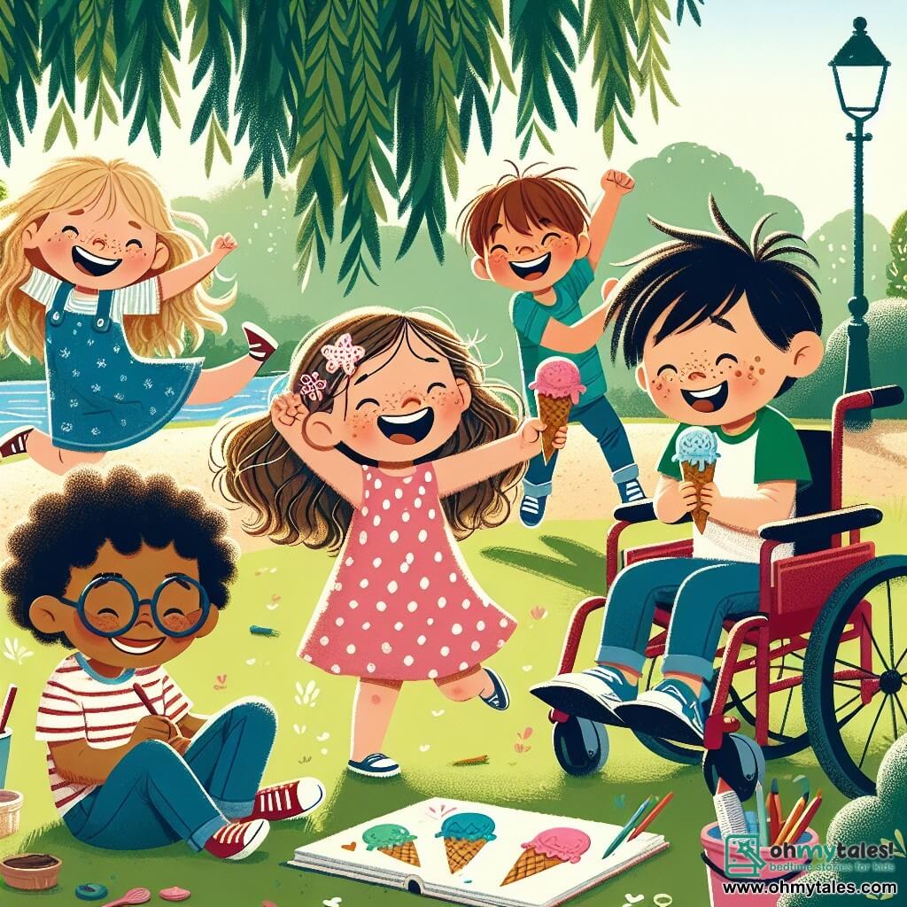 In a sunny park, five friends gather under a large weeping willow. Mia, an 8-year-old girl with curly blonde hair in a pink polka dot dress, dances joyfully with her arms raised and a big smile. Sam, a 7-year-old boy with messy brown hair and round glasses, jumps in place laughing with an ice cream cone in hand. Leo, an 8-year-old boy with black hair and freckles, wears a blue t-shirt and does a little twirl, showing his excitement. Ava, a 7-year-old girl with brown hair and a flower-shaped hairpin, holds a sketchbook and draws colorful ice creams. Max, a 9-year-old boy with short hair and a bright smile, is in his red wheelchair, holding a large bowl of ice cream and laughing with his friends. The park is filled with colorful flowers, fluttering butterflies, and a bright blue sky. In the distance, a colorful ice cream truck with twinkling lights can be seen. The scene captures the friends singing a funny song about ice cream, their faces lit up with happiness, while a playful big dog approaches, ready to knock over their bowl of ice cream.