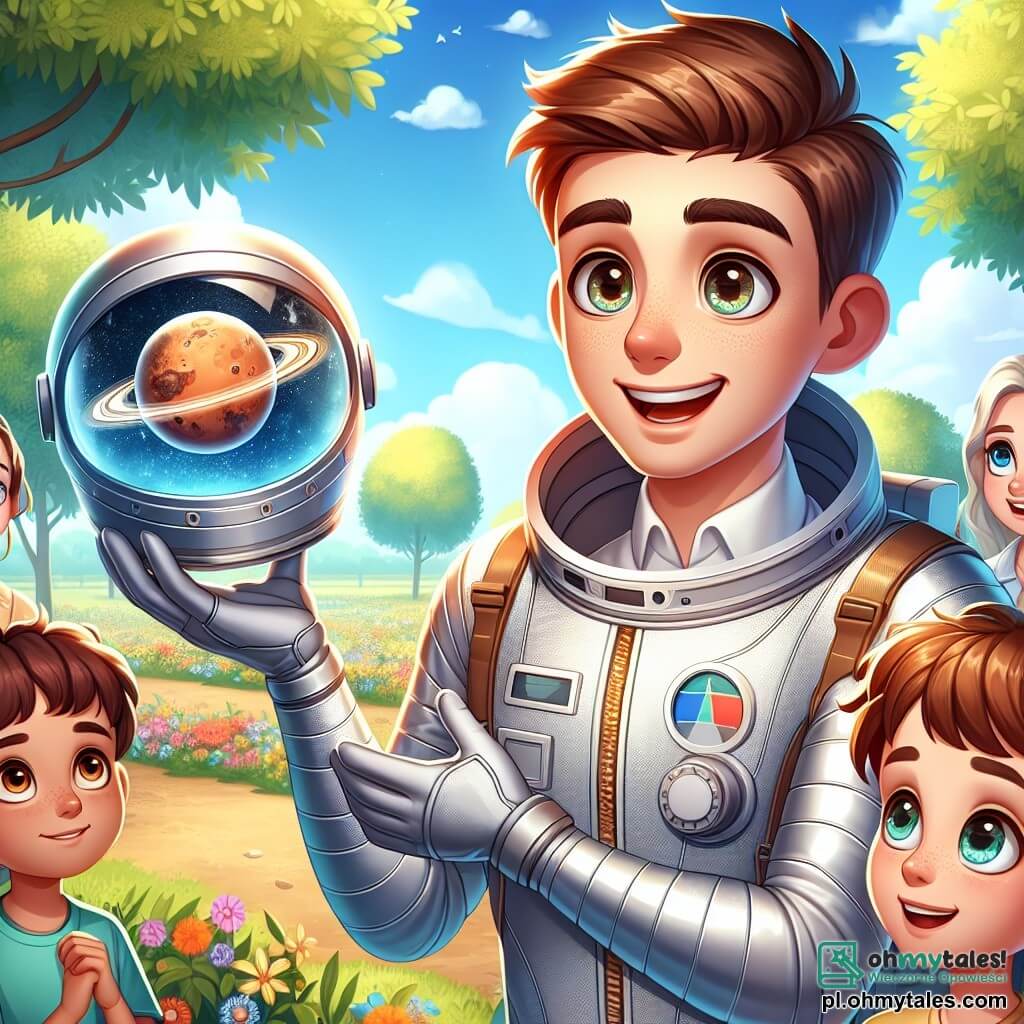 Mężczyzna astronauta, Marek, stoi na środku obrazu, ubrany w błyszczący srebrny skafander kosmiczny z przezroczystym hełmem, z szerokim uśmiechem pełnym entuzjazmu. Ma brązowe włosy i błyszczące z ciekawości oczy, trzymając w ręku mały model planety Mars. Obok niego stoi dziesięcioletni chłopiec, Tomek, z kasztanowymi włosami i błyszczącymi oczami pełnymi ekscytacji, z podkrzyżowanymi na piersi rękami, jakby już marzył o kosmosie. W pewnej odległości znajduje się grupa trzech dzieci, dwóch dziewczynek i chłopca, uważnie słuchających, ich twarze rozświetlone zdumieniem. Scena rozgrywa się w słonecznym parku, z zielonymi drzewami w tle i kolorowymi kwiatami, które dodają życia otoczeniu. Nad nimi rozciąga się jasnoniebieskie niebo, usiane kilkoma puszystymi białymi chmurami. Główna sytuacja pokazuje Marka dzielącego się fascynującymi historiami o swoich przygodach w kosmosie, przyciągając uwagę dzieci, które marzą o zostaniu astronautami.
