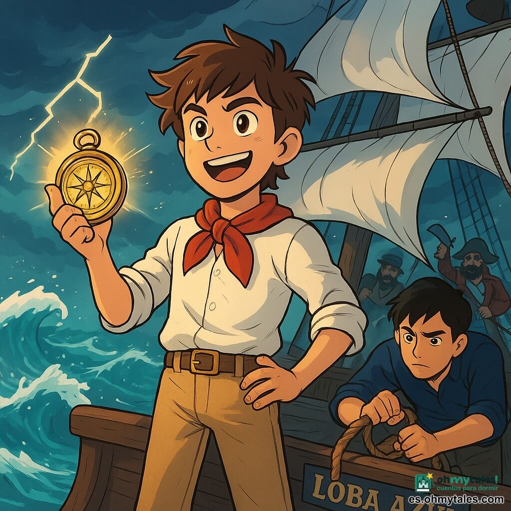 Un joven llamado Mateo, de unos 12 años, se encuentra en el puente de un barco pirata, la Loba Azul. Tiene el cabello castaño desordenado, ojos brillantes de determinación y una sonrisa audaz. Lleva un pantalón de tela beige, una camisa blanca ligeramente arrugada y un pañuelo rojo atado alrededor del cuello. Mateo sostiene una vieja brújula brillante, su rostro irradia emoción y valentía. A su lado, Silas, un joven de 14 años, tiene el cabello negro y ojos oscuros, marcados por la preocupación. Se inclina sobre el lado del barco, intentando deshacer una cuerda enredada, con una expresión concentrada y decidida. El escenario es un mar agitado, con olas rompiendo y un cielo tormentoso, relámpagos iluminando el horizonte. El barco, de madera oscura, está decorado con velas blancas que ondean al viento, añadiendo dinamismo a la escena. La situación principal muestra a Mateo y Silas, unidos en un momento de tensión, mientras se preparan para enfrentar una tormenta inminente, con piratas amenazantes al fondo, listos para atacar.