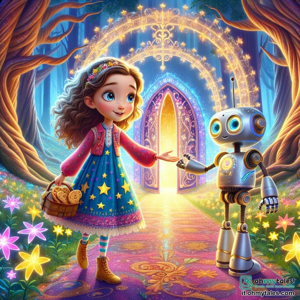 Al centro dell'immagine, una ragazza di 8 anni di nome Stella, con lunghi capelli ricci e occhi brillanti di curiosità, si trova davanti a un grande portale scintillante. Indossa un vestito colorato decorato con stelle e uno zainetto pieno di biscotti. Il suo viso esprime meraviglia ed eccitazione mentre tende la mano verso il portale magico. Alla sua destra, un robot amichevole di nome Robo, alto circa 1,50 metri, con un corpo argentato e occhi luminosi, sorride e le fa segno di avvicinarsi. Ha braccia articolate e una voce dolce, pronto a guidare Stella nella sua avventura. Il paesaggio è una foresta incantata, con alberi giganteschi dai tronchi contorti e foglie dai colori vivaci. Fiori luminescenti circondano il portale, che brilla di mille luci, creando un'atmosfera magica e futuristica. Stella, piena di energia e determinazione, è pronta a varcare il portale verso il mondo di Magitron, dove magia e tecnologia si incontrano.