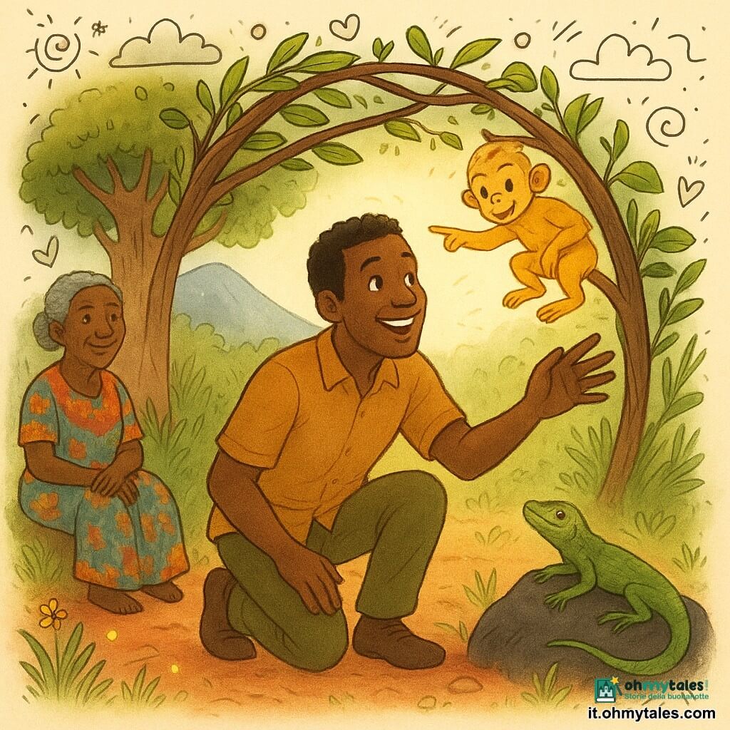 Un uomo — Amadou, ~35 anni — pelle scura, capelli corti, sorriso stupito, accovacciato per passare sotto un piccolo arco di rami intrecciati, mano tesa verso la luce del sentiero; una donna — Mami Fatou, anziana ~70 anni — volto rugoso ma benevolo, capelli grigi raccolti, vestito tradizionale colorato, seduta sotto un grande baobab a sinistra che guarda Amadou con orgoglio; una piccola scimmia dorata salta su un ramo sopra Amadou, pelo lucente, indica il sentiero; una lucertola verde si rilassa su una roccia nera a destra; luogo: alla base di una montagna blu, suolo rosso di argilla, erbe alte verdi, grande baobab sullo sfondo, luce calda del tardo pomeriggio filtrata tra le foglie, luci soffuse di lucciole e fiori gialli; situazione principale: Amadou scopre e attraversa un arco vegetale nascosto, luce dorata davanti a lui, espressione di meraviglia e promessa, atmosfera dolce e rassicurante, composizione centrata sull’arco e sugli sguardi benevoli degli altri.