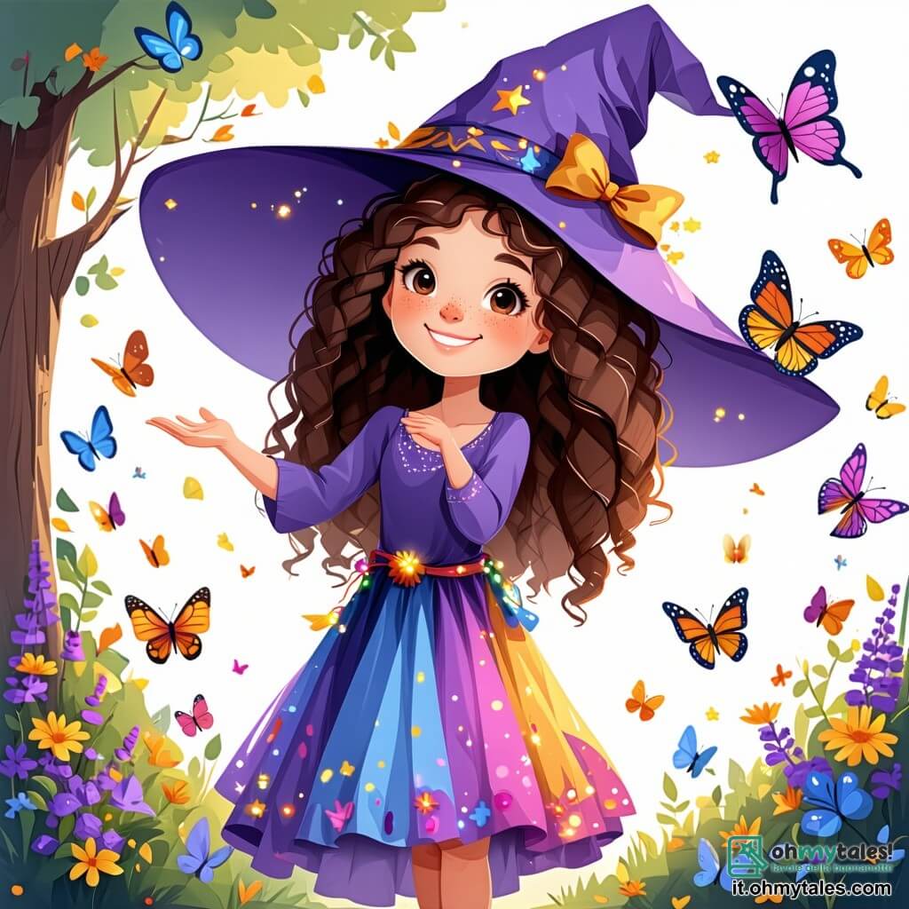 Al centro dell'immagine, Lila, un'apprendista strega di cinque anni, sorride luminosamente. Ha lunghi capelli ricci castani, un grande cappello viola con stelle dorate e un vestito colorato con motivi magici. Tende le mani verso un gruppo di bellissime farfalle multicolori che volano intorno a lei, con gli occhi pieni di meraviglia. A destra c'è Tom, un ragazzo di sei anni con capelli ricci e occhi scintillanti, che guarda Lila con ammirazione. Indossa una tunica blu e tiene un piccolo bastone magico. A sinistra, Mia, una ragazza di sette anni con capelli lisci e una corona di fiori, osserva attentamente le farfalle, sorridendo benevolmente. Indossa un vestito verde che si fonde con la natura. Lo sfondo è un giardino magico, pieno di fiori colorati, alberi maestosi e una luce soffusa che filtra tra le foglie. In lontananza si intravede l'Accademia Magica di Luminas, con i suoi muri di nuvole e finestre arcobaleno. La scena principale mostra Lila e i suoi amici mentre apprendono a far volare le farfalle grazie a un'incantesimo magico, creando un'atmosfera di gioia e meraviglia, con luci e colori vivaci che danzano attorno a loro.