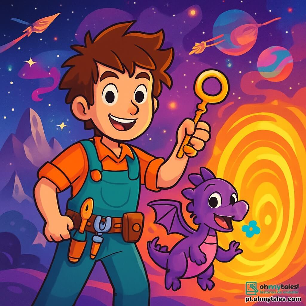 Leo, um jovem de cabelos desgrenhados e olhos curiosos, está no centro do palco, com um sorriso maravilhado. Ele usa um macaron de jardineiro intergaláctico, roupas coloridas e um cinto cheio de ferramentas mágicas. Ao seu lado, Fumacento, um pequeno dragão roxo com escamas brilhantes, bate as asas com entusiasmo, soltando pequenas faíscas de fogo azul. Ao fundo, uma paisagem fantástica se estende: montanhas flutuantes brilham sob um céu estrelado, enquanto nébulas coloridas dançam ao redor de planetas vibrantes. Naves espaciais em forma de vassouras sobrevoam a cena, adicionando um toque de magia. A cena principal mostra Leo e Fumacento se preparando para entrar em um portal giratório, que brilha com uma luz dourada e misteriosa. Leo, com uma expressão determinada e alegre, segura a chave dos portais, enquanto Fumacento parece pronto para a aventura, com os olhos brilhando de excitação.