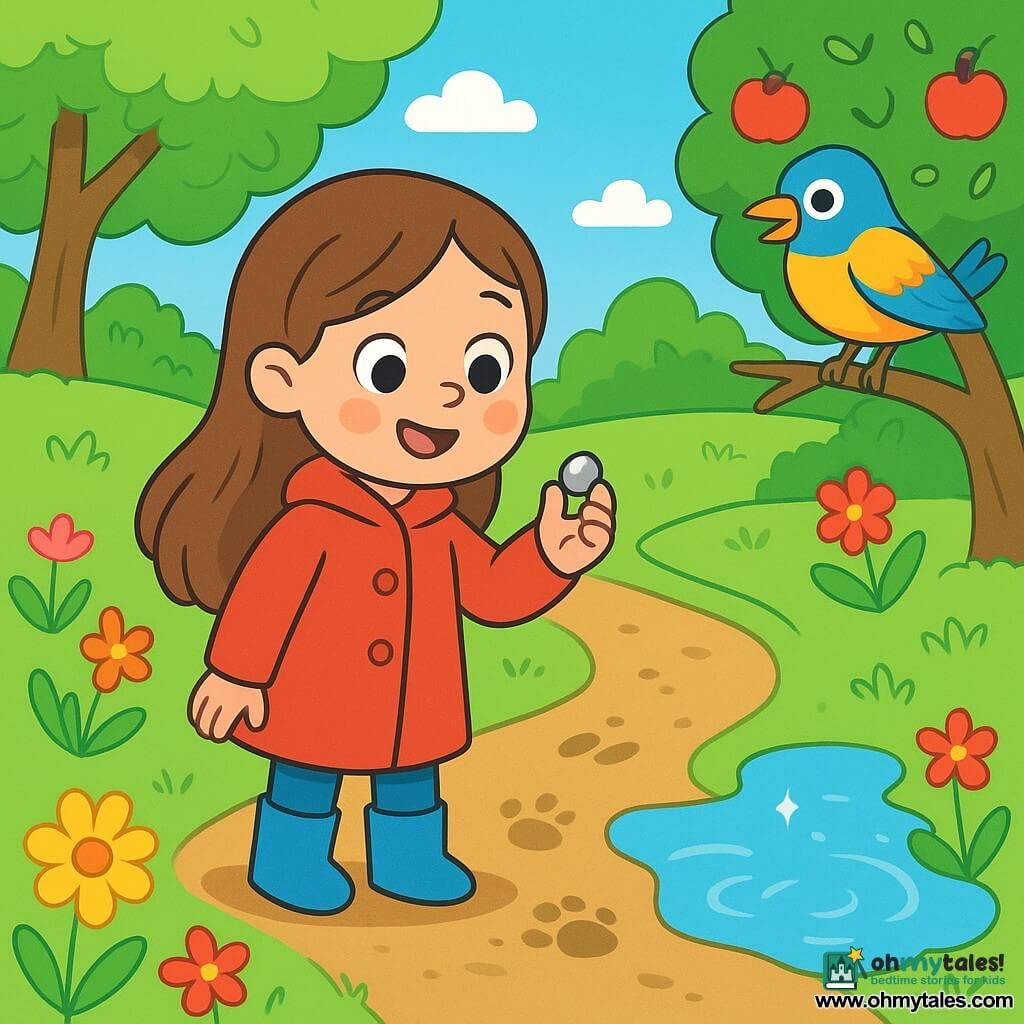 A 4-year-old girl with long brown hair and sparkling curious eyes wears a red jacket and blue boots. She smiles in wonder, holding a shiny little pebble in her hand. Next to her, a colorful bird with yellow and blue feathers joyfully sings on a branch, watching the girl with interest. The setting is a sunny garden filled with brightly colored flowers, tall trees with green leaves, and a small dirt path winding through the soft grass. In the distance, a large apple tree stands, its branches heavy with red apples. The main scene shows the girl following paw prints in the mud, carefully approaching a sparkling puddle, full of excitement and anticipation to discover what lies behind the bush.