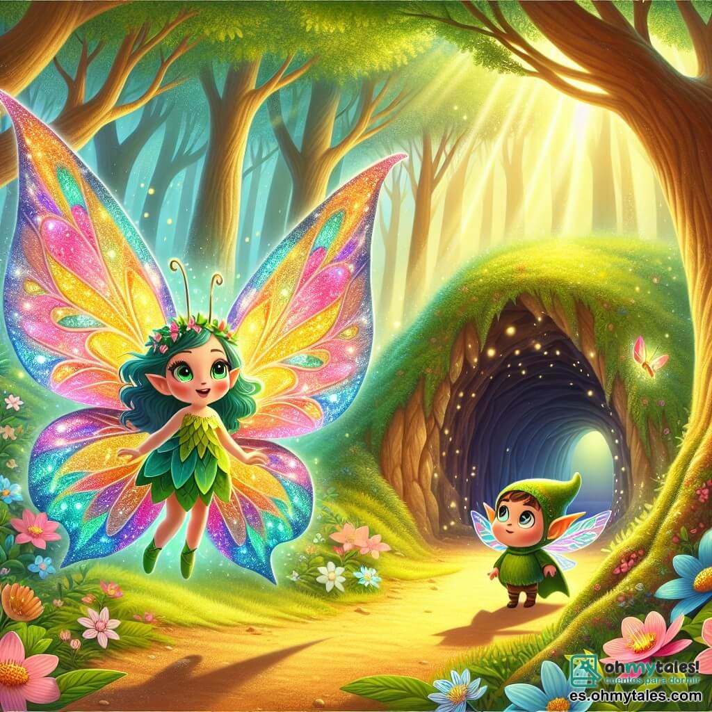 En un magnífico bosque encantado, una mariposa colorida llamada Lila, con alas brillantes como un arcoíris, vuela con determinación, su rostro radiante de emoción y valor. Se dirige hacia una cueva oscura, donde una bruma misteriosa flota alrededor de la entrada. Junto a ella, un pequeño duende llamado Pipo, con piel verde y orejas puntiagudas, observa la cueva con un mezcla de aprehensión y esperanza, sus ojos chispeando de curiosidad. Lleva un pequeño sombrero de hojas y sostiene una varita mágica brillante. El lugar es un claro mágico, rodeado de árboles majestuosos y flores que cantan suavemente al viento. La situación principal muestra a Lila y Pipo frente a la entrada de la cueva, listos para enfrentar el desafío de la bruja y recuperar la luz del bosque, con expresiones decididas en sus rostros.
